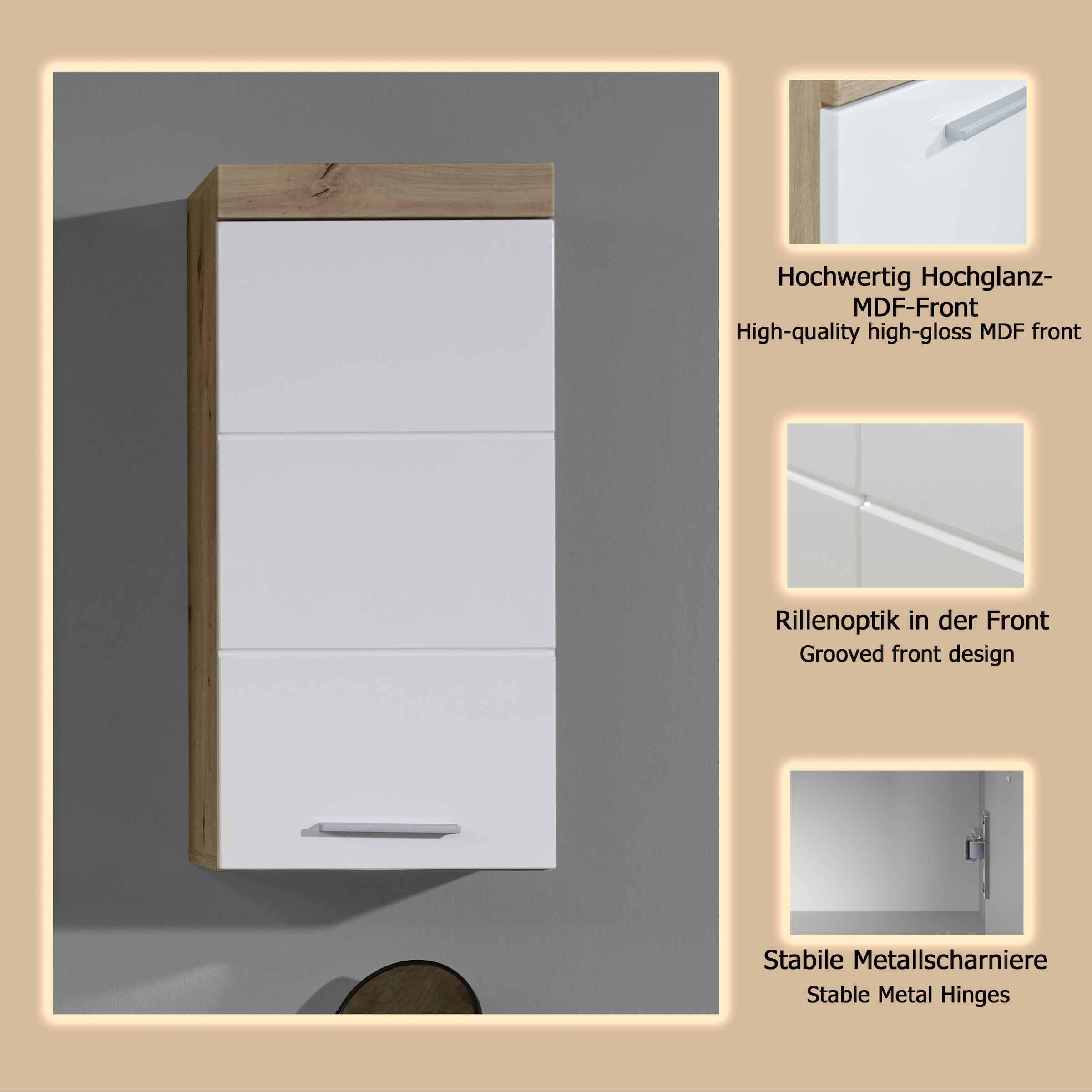 welltime Hängeschrank »Avena«, Hängeschrank mit 1 Tür & 1 Boden - (B/T/H) 37/23/77 cm