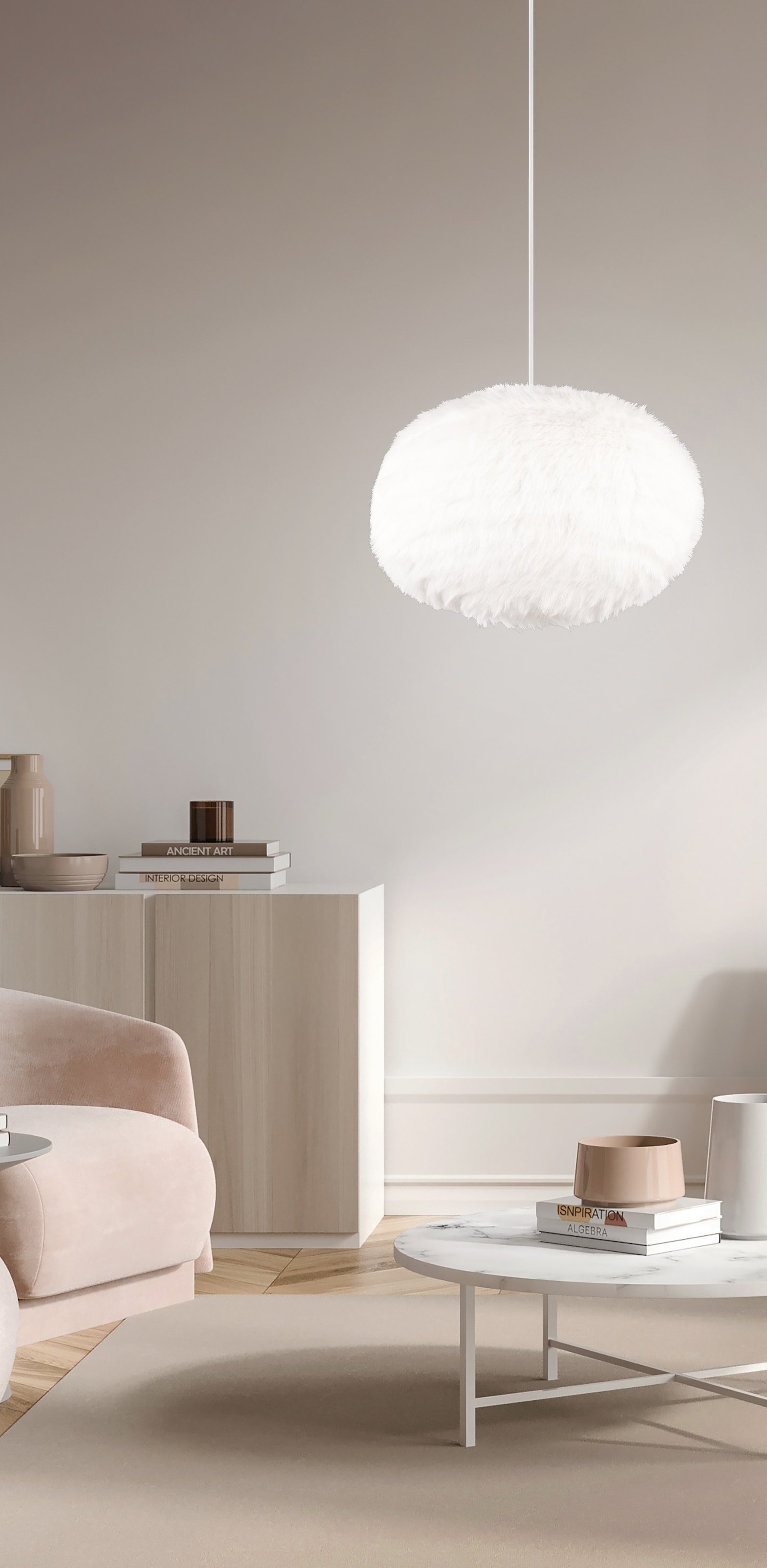 REALITY Leuchten Pendelleuchte »FURRY, höhenverstellbare Hängelampe mit Plüsch Lampenschirm Ø 50cm«, 1 flammig, Leuchtmittel E27 | Leuchtmittel wechselbar, exkl 1xE27 max 10W, weiße Plüsch Hängeleuchte Schlafzimmer Wohnzimmer