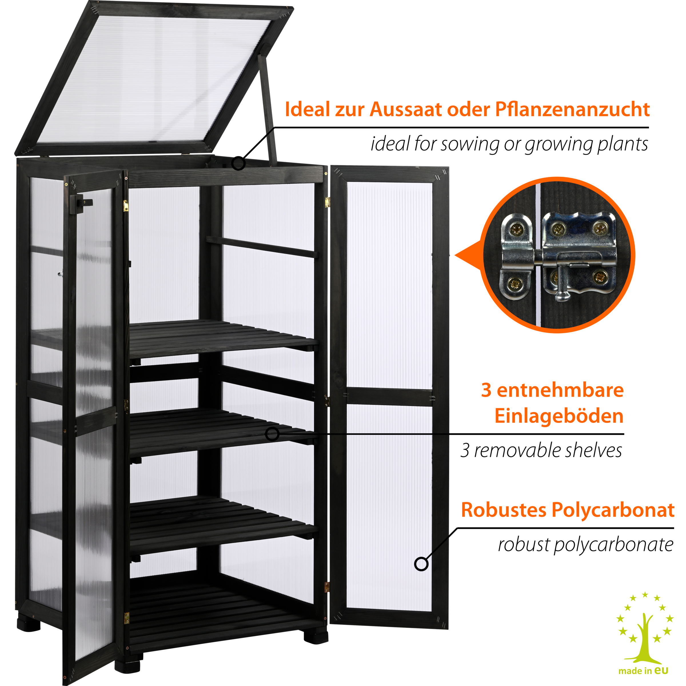 dobar Anzuchttopf »Dome« großer Anzuchtschrank aus FSC®-zertifiziertem Kiefernholz, Anthrazit