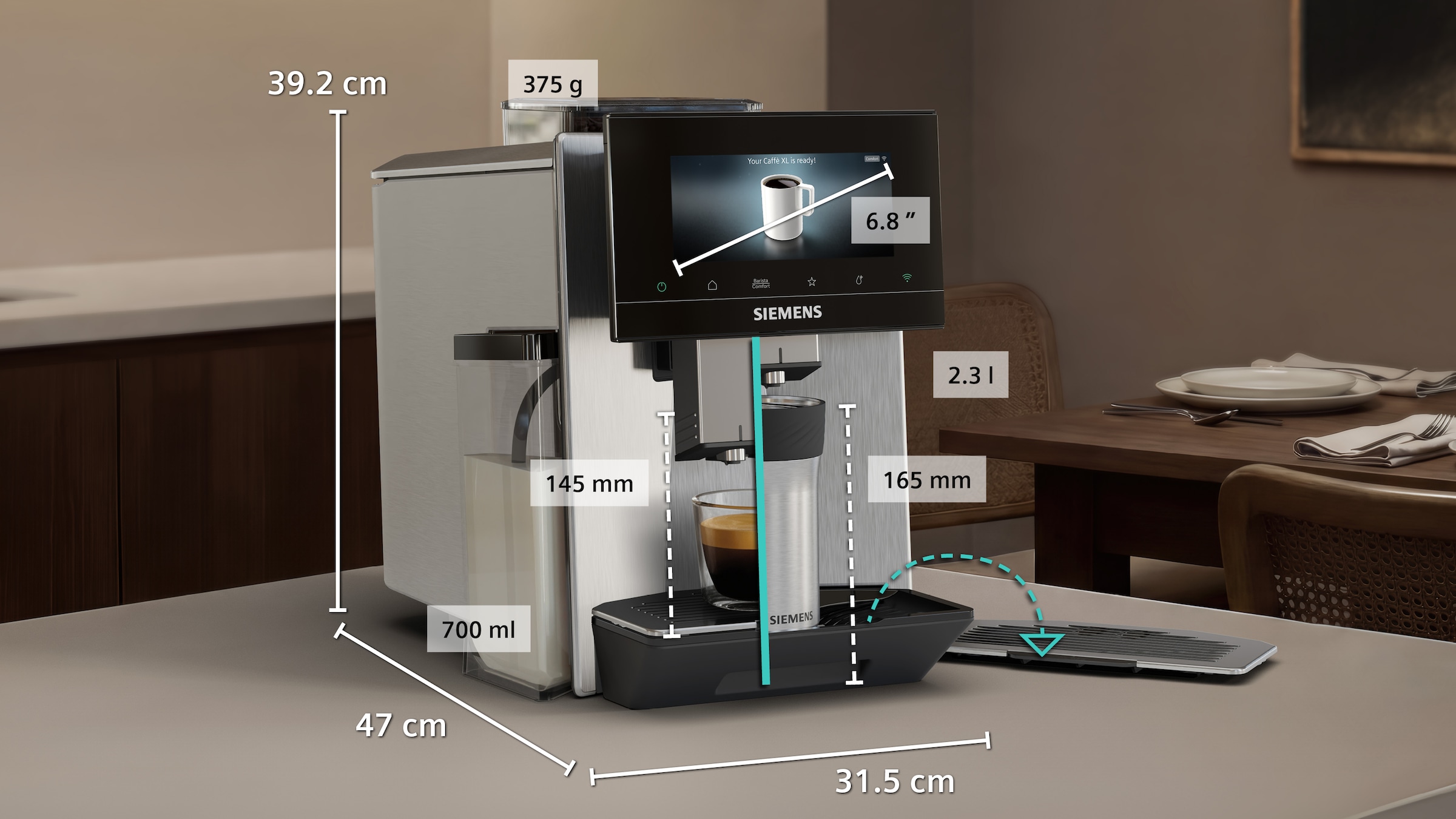 SIEMENS Kaffeevollautomat »EQ900 TQ923E43, 41 versch. Getränke, XL-Getränke, Doppeltassenfunktion« farbiges 6.8'' TFT-Display, individuelle Aromaeinstellung, Edelstahl