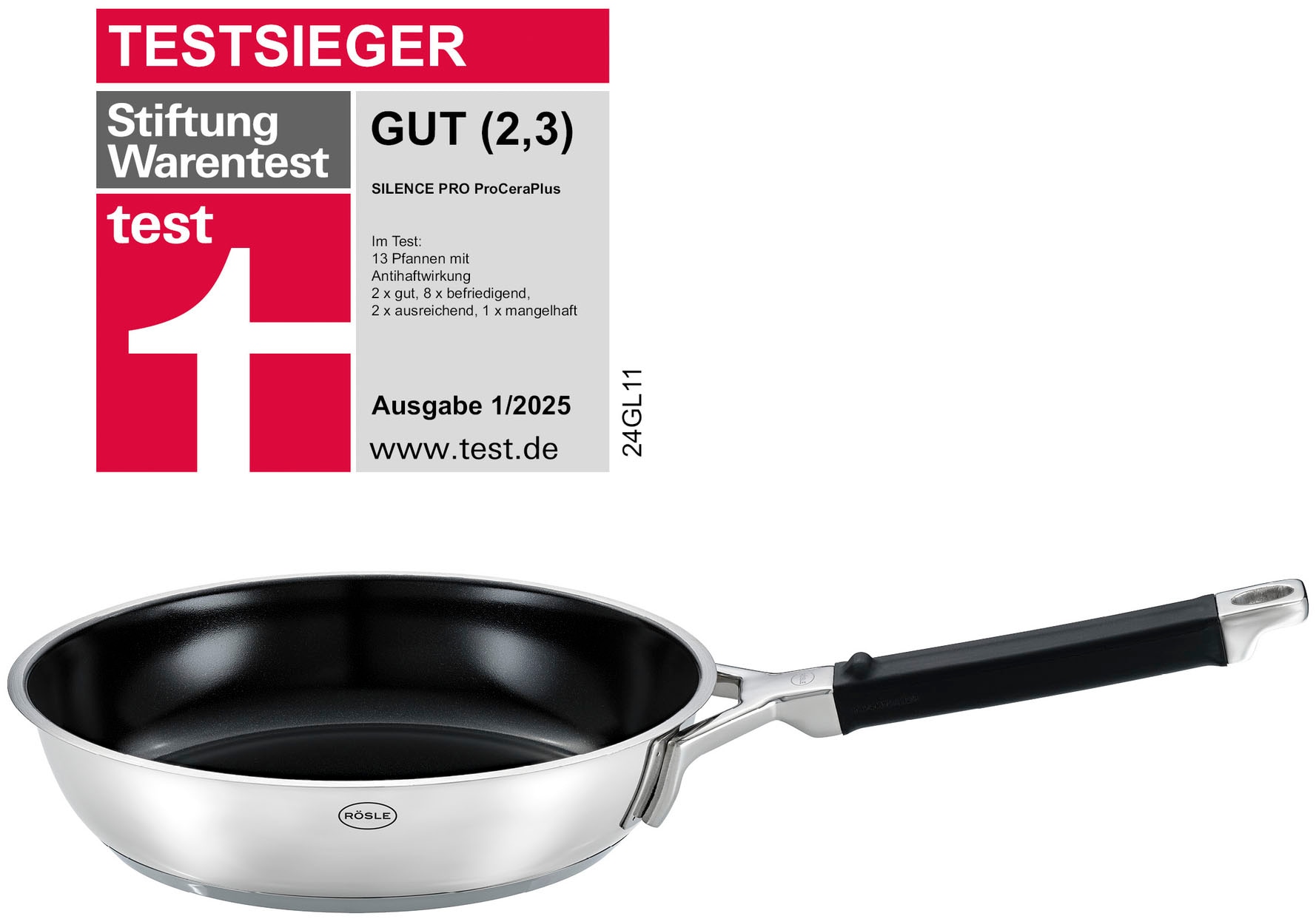RÖSLE Bratpfanne »SILENCE PRO CeraPlus«, Edelstahl 18/10, (1 tlg.), natürliche Quarzversiegelung ohne PTFE/PFAS, Induktion