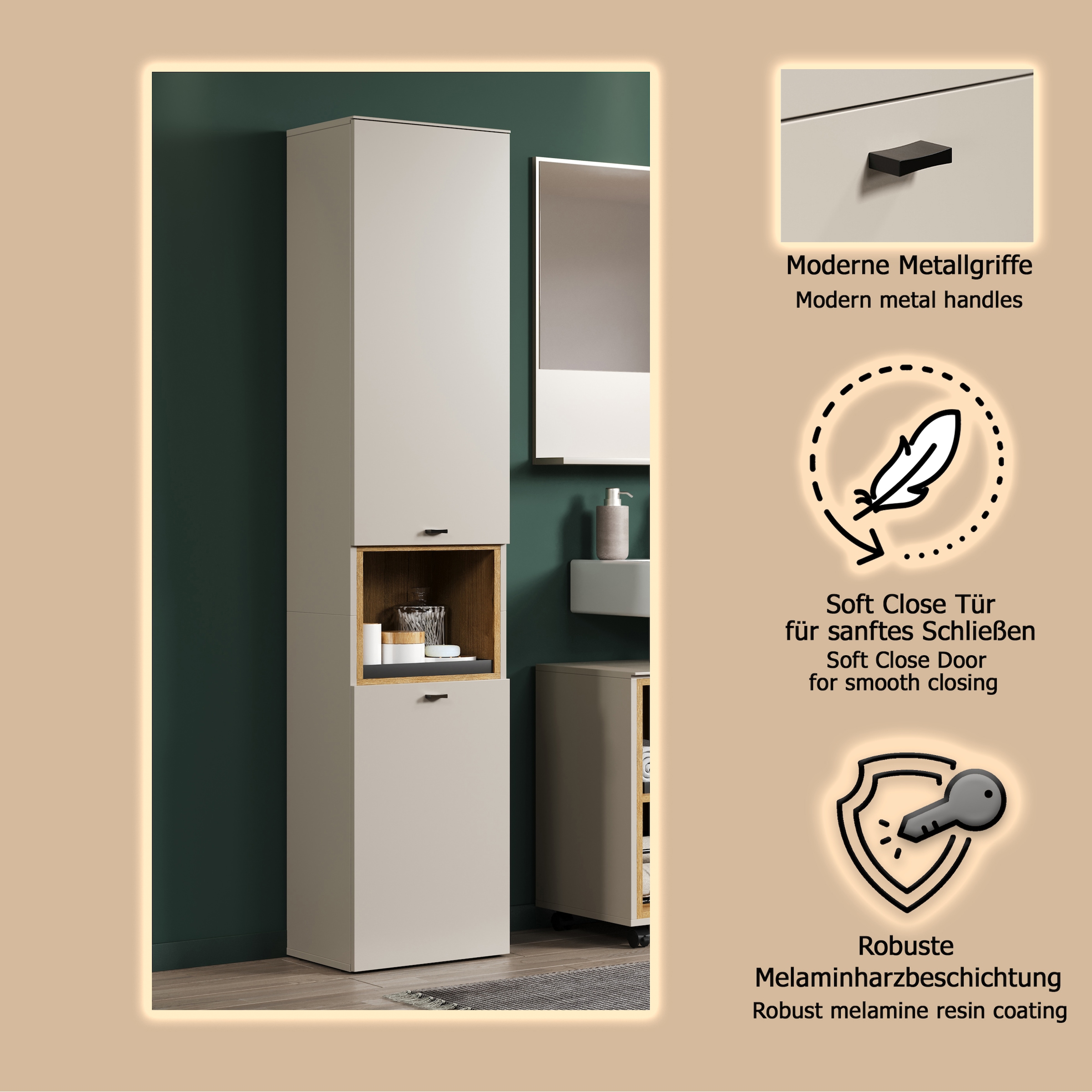 welltime Hochschrank »San Pedro« 1 Stk. tlg. Badezimmerschrank mit Soft-Close-Funktion - Maße (B/T/H) 40/31/186 cm