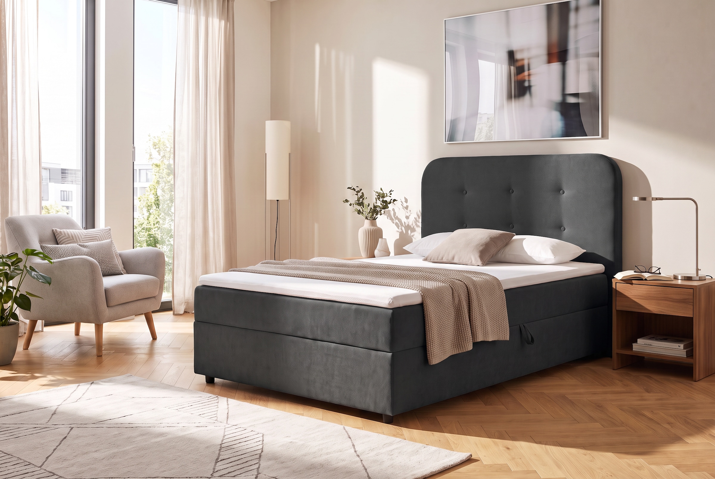 Home affaire Boxbett »AMRUM, Polsterbett mit Bettkasten, inkl. Taschenfederkernmatratze H3« mit Kaltschaumtopper, Chenille-Bezug, 120x200 & 180x200 cm