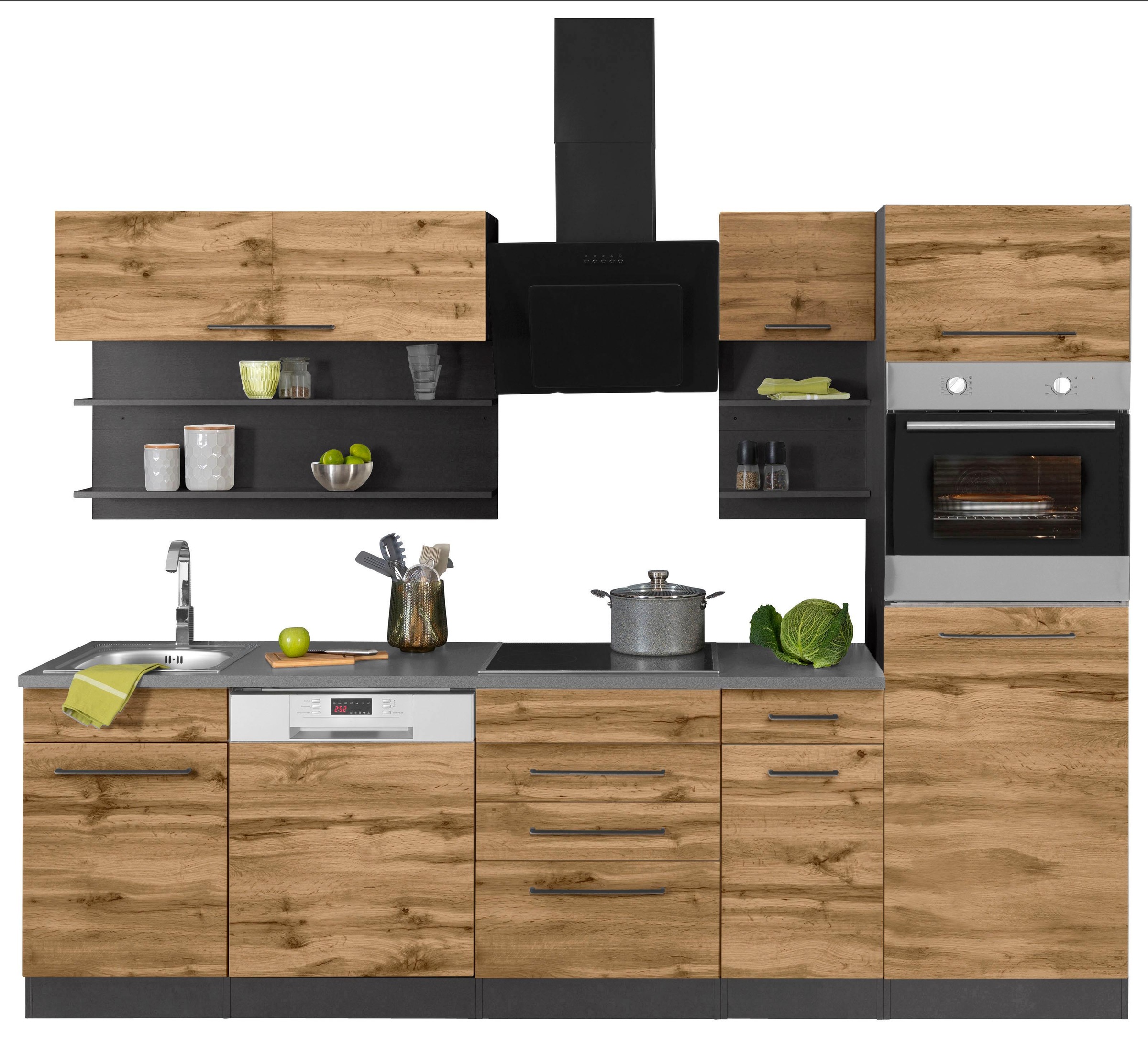 KOCHSTATION Küchenzeile »KS-Tulsa«, ohne E-Geräte, Breite 270 cm, schwarze Metallgriffe, MDF Fronten