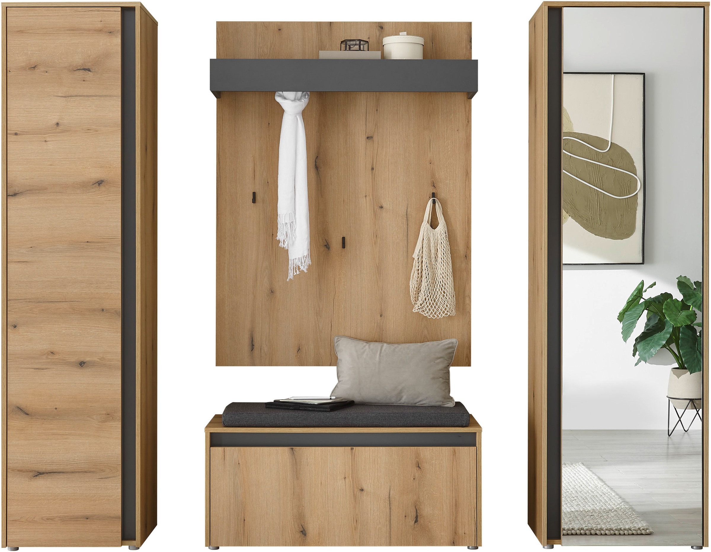 INOSIGN Garderoben-Set »GIRON/CiTY, moderne Garderobe, Komplettset mit viel Stauraum«, (Komplett-Set, 4 St.), enthält Garderobenschränke, Paneel & Schuhbank +Sitzkissen