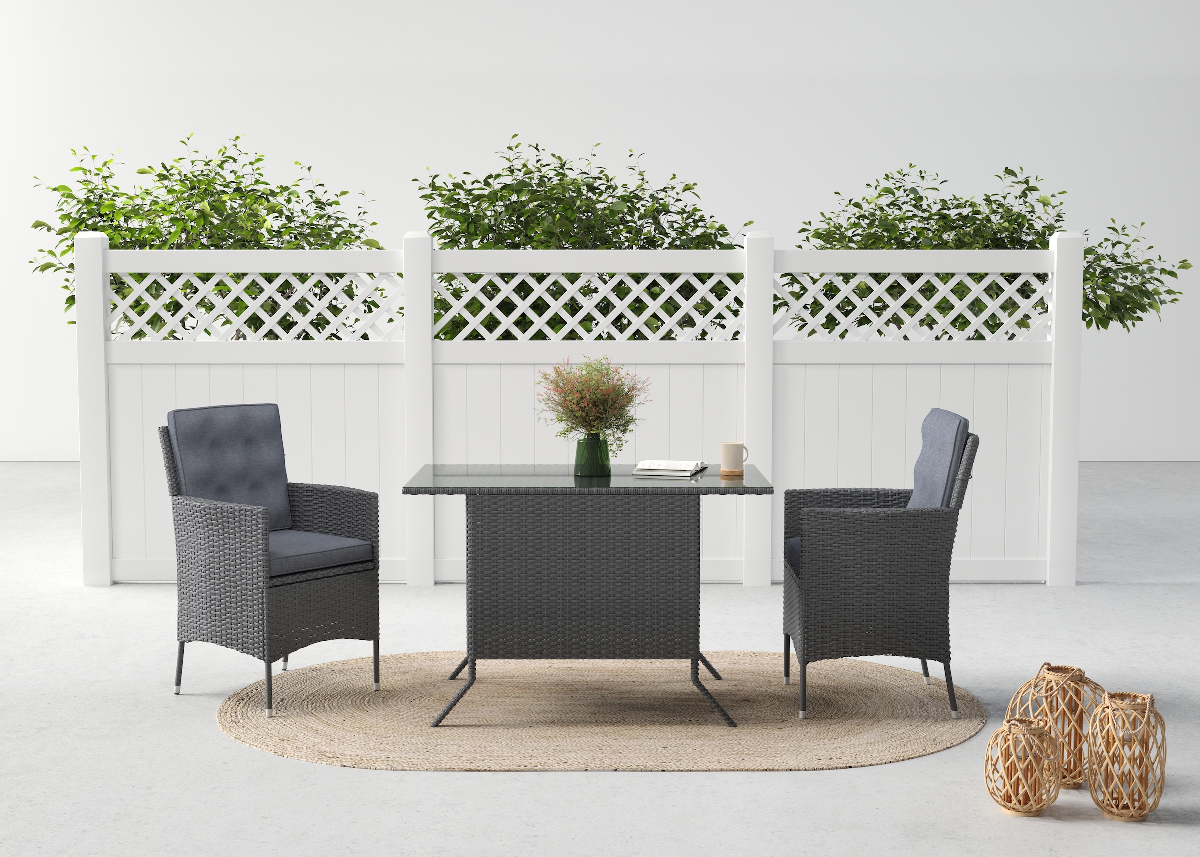 KONIFERA Garten-Essgruppe »Korfu«, (Set, 5 tlg., 2x Sessel, 1x Tisch 112x65x73,5 cm, inkl. Auflagen, inkl. Schutzhülle), Polyrattan/Stahl, Dunkelgrau