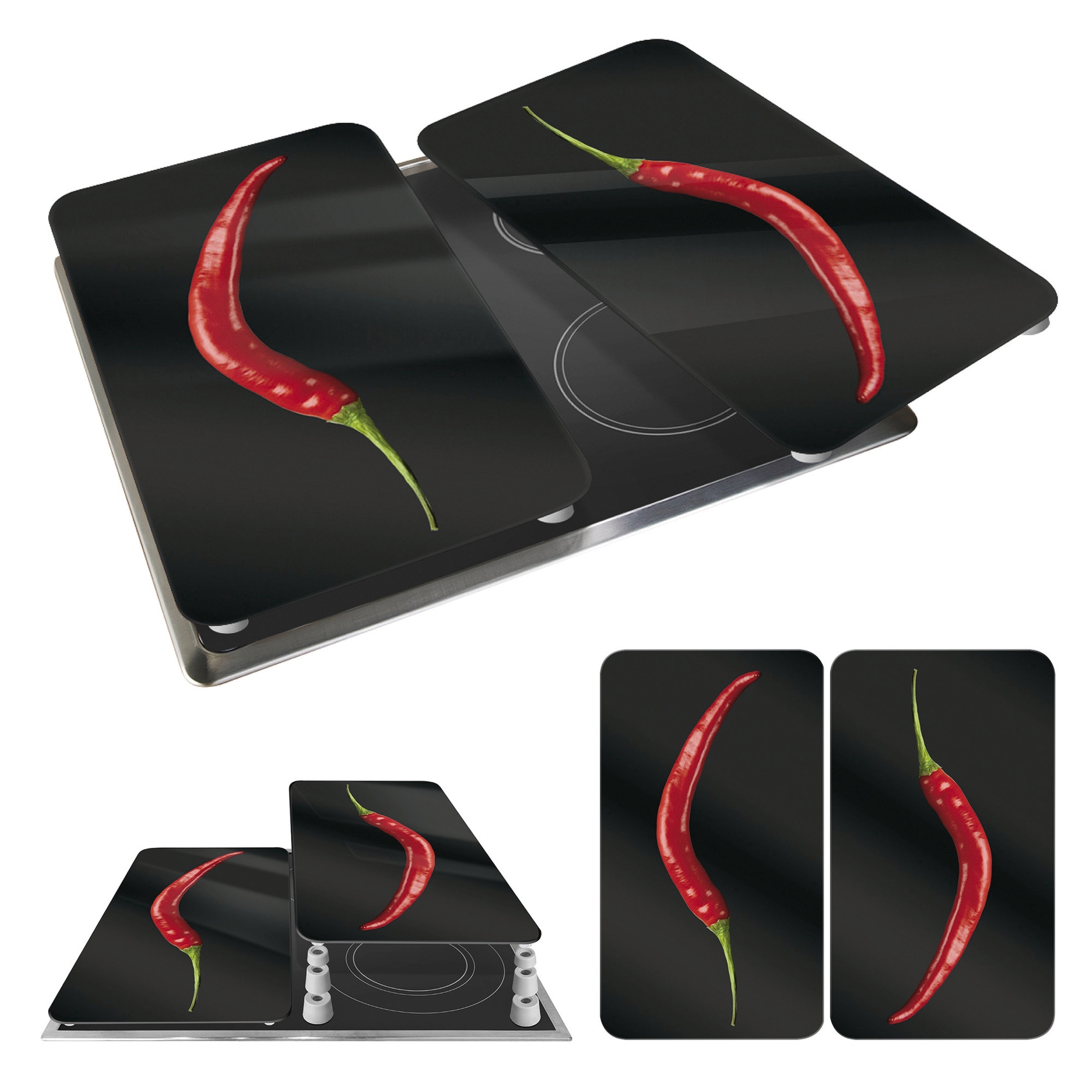 WENKO Herd-Abdeckplatte »Universal Modell Hot Peperoni«, (Set, 2 tlg.), Herdabdeckung für alle Herdarten, kratzfest, mit rutschfesten Füßen