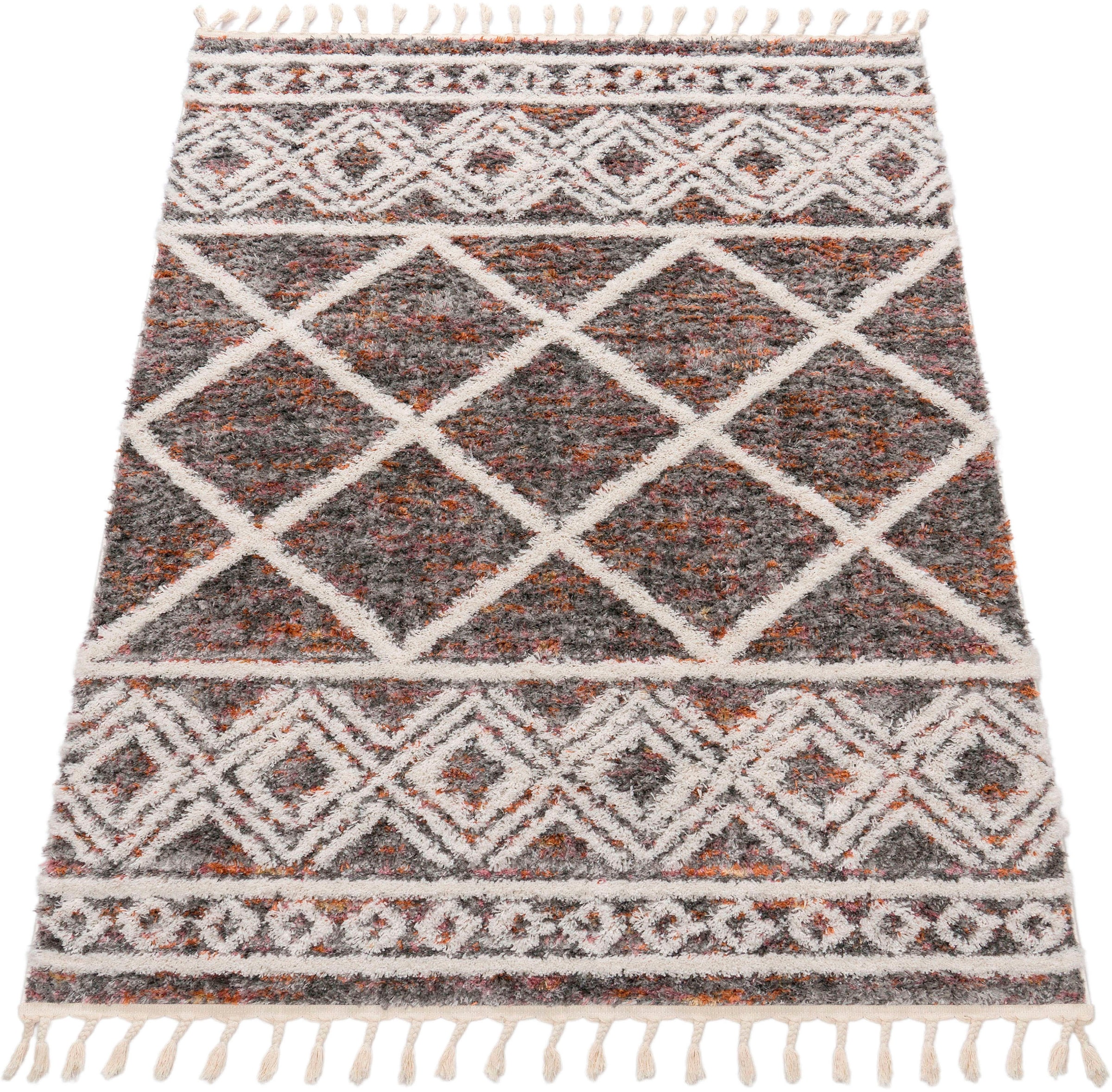 Paco Home Hochflor-Teppich »Monza 651«, rechteckig, 34 mm Höhe, meliert, Rauten Muster, 3D-Effekt, mit Fransen
