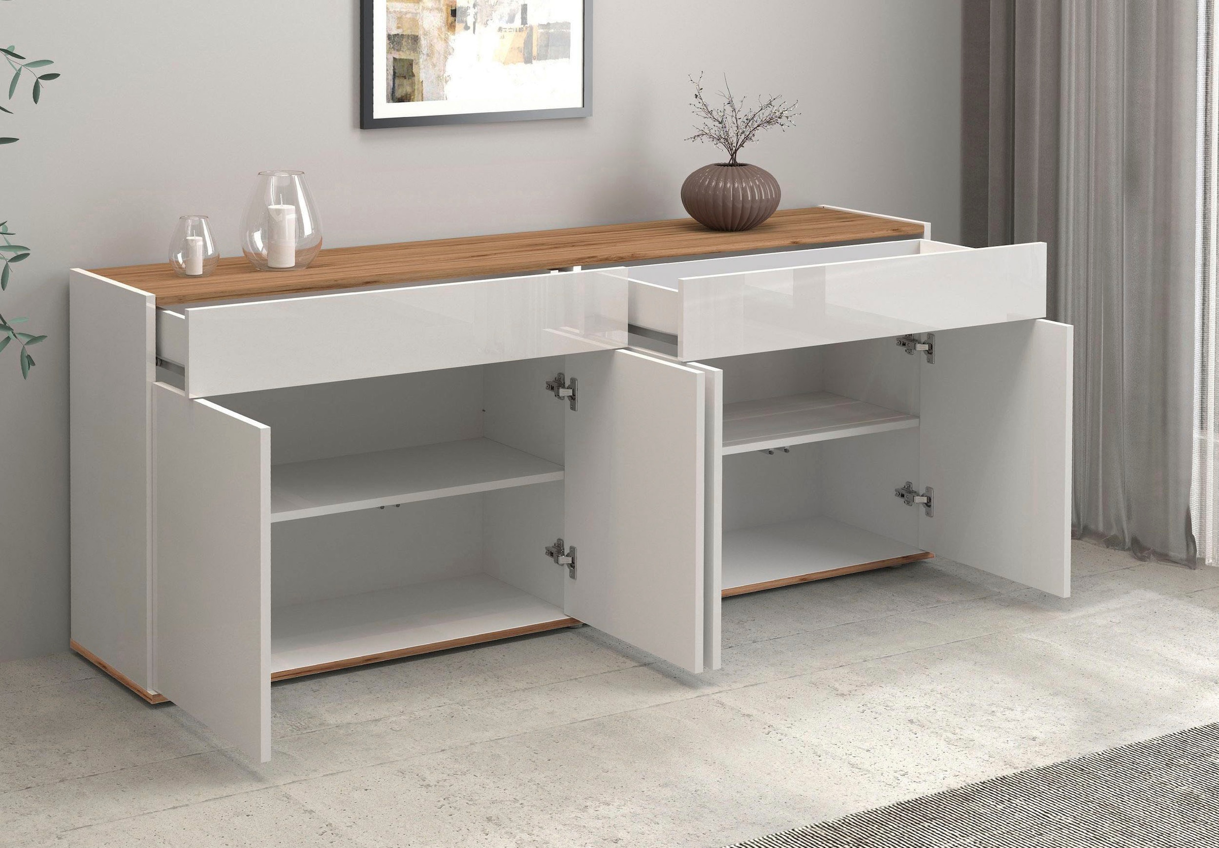 OTTO home Sideboard »Garda Kommode, Schrank, 4 Türen mit Push-to-Open, Made in Italy« Hochglanzlackierte Fronten,2 Schubladen, grifflos Breite 160,1 cm