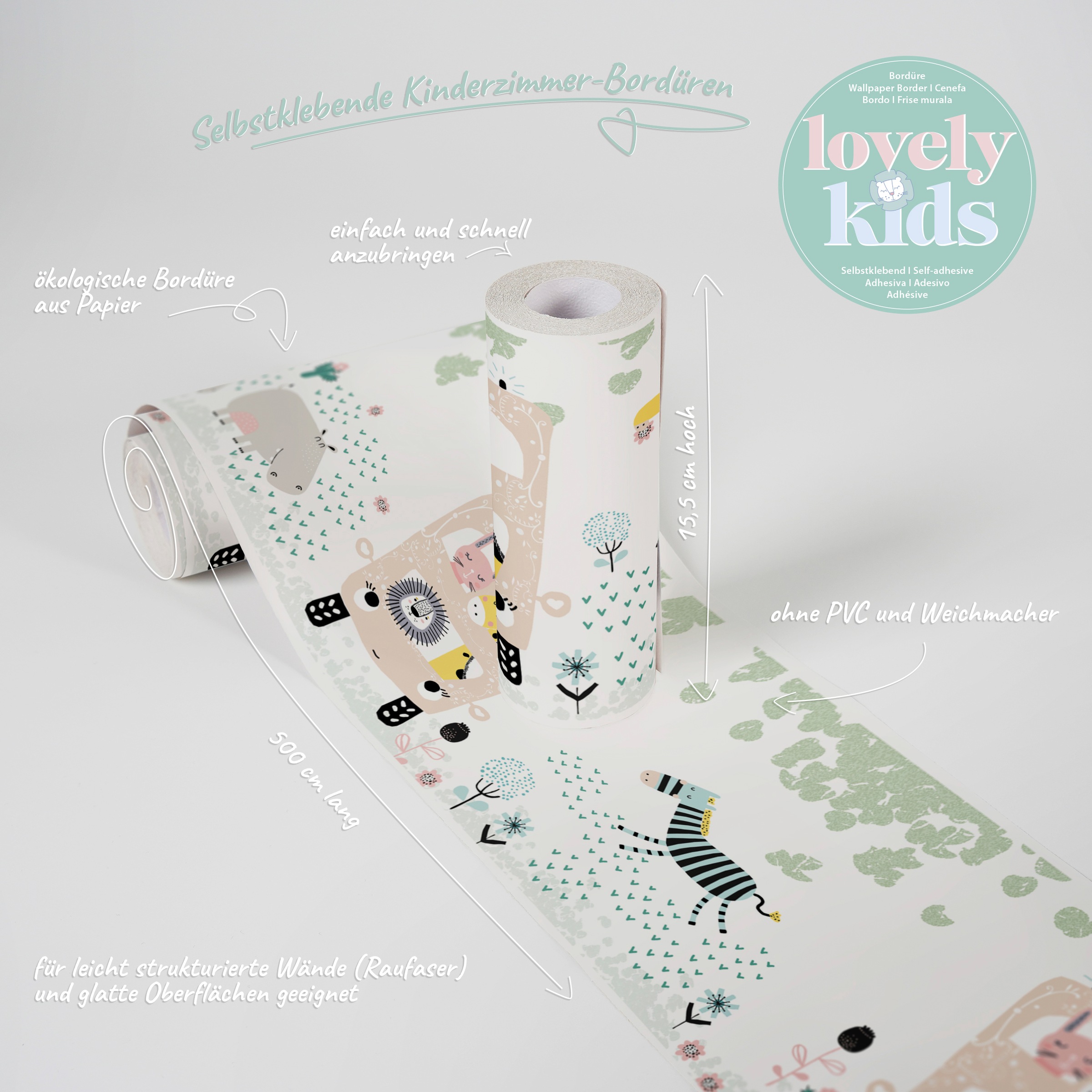 A.S. Création Bordüre »Safari Friends«, Motiv-abstrakt-naturalistisch, Tapete Kinder Bordüre Selbstklebend Borte modern Design Kinderzimmer