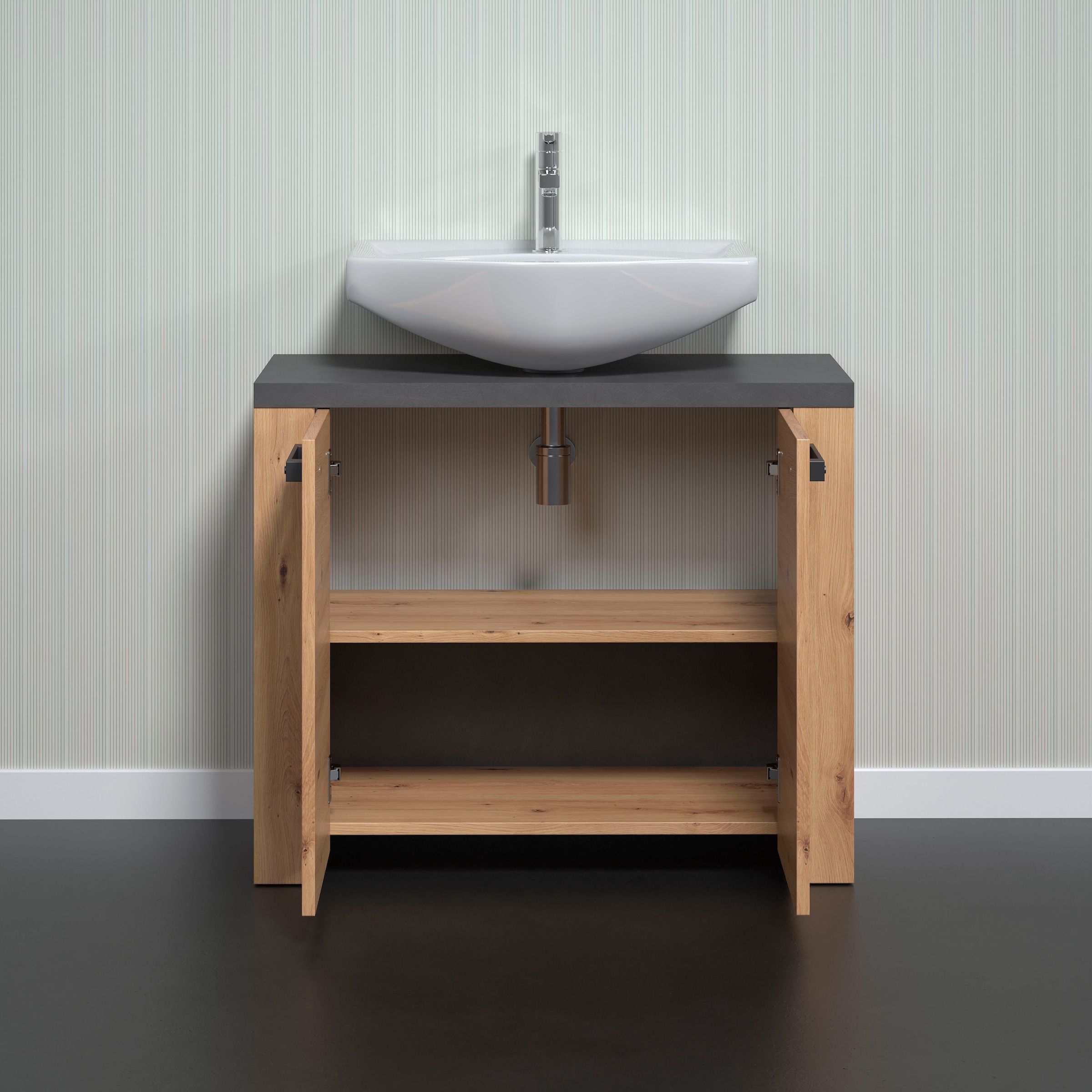 Home affaire Waschbeckenunterschrank »Ambres«, Waschtisch in matter Echtholzoptik - Maße (B/T/H) 79/35/67 cm