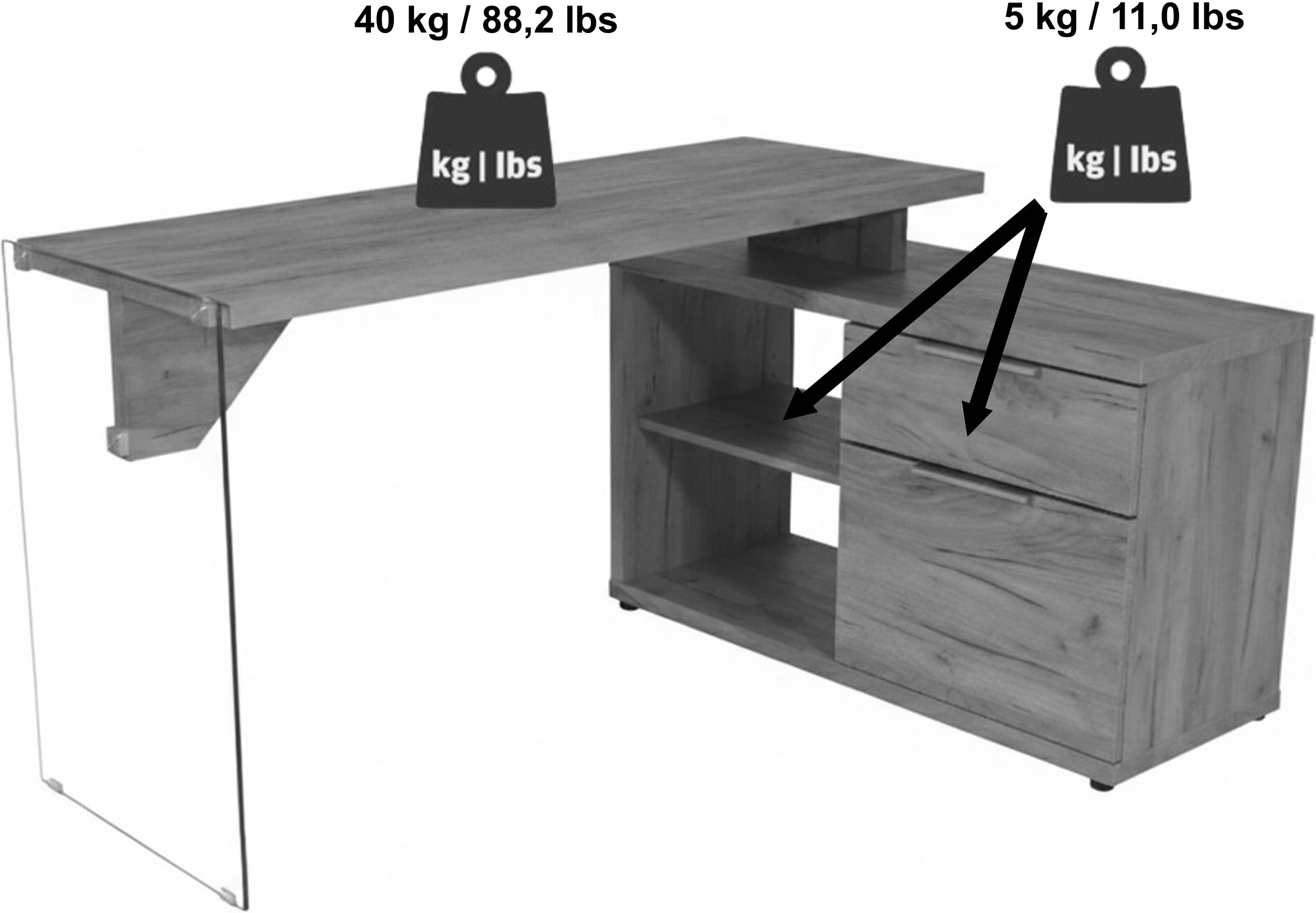 Jahnke Eckschreibtisch »LUX C 135 E« Eckschreibtisch,wechselseitig montierbar,Glas,1 Schublade & 2 Fächer