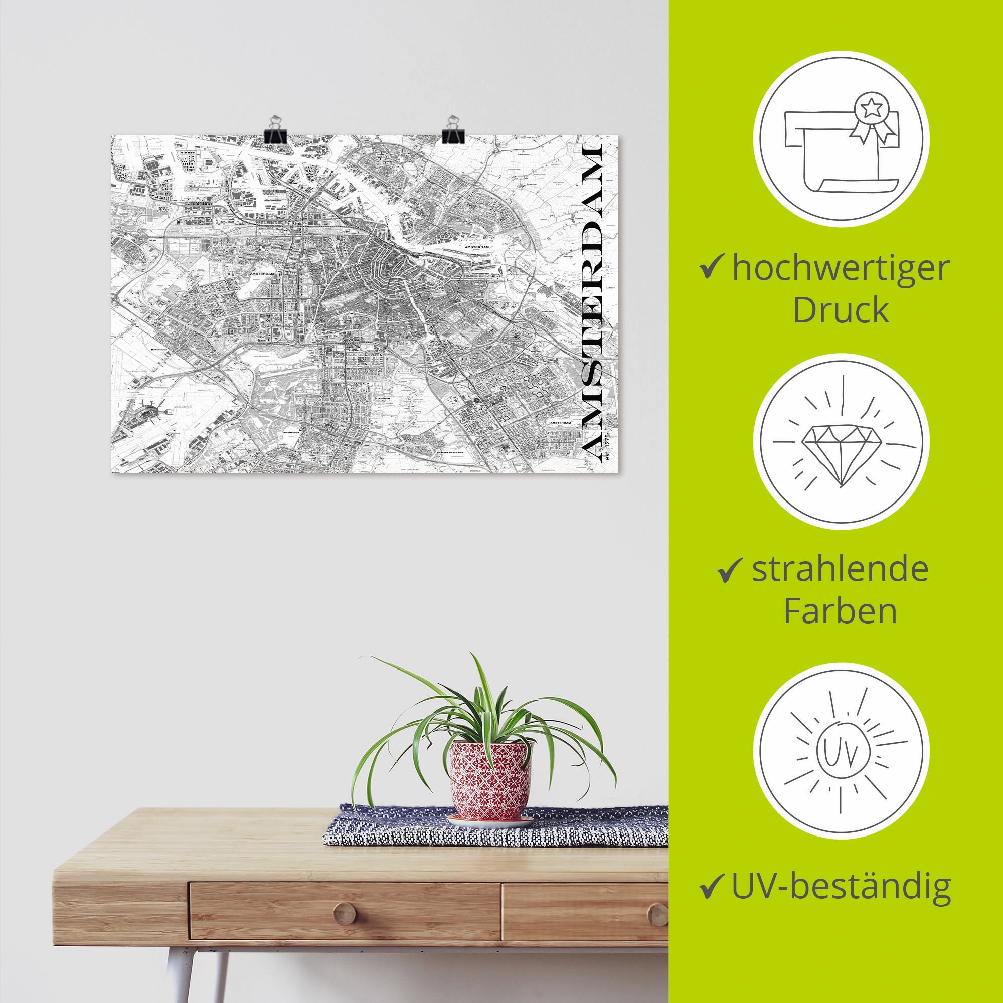 Artland Poster »Amsterdam Karte Straßen Karte«, Niederlande, (1 St.), als Alubild, Leinwandbild, Wandaufkleber oder Poster in versch. Größen