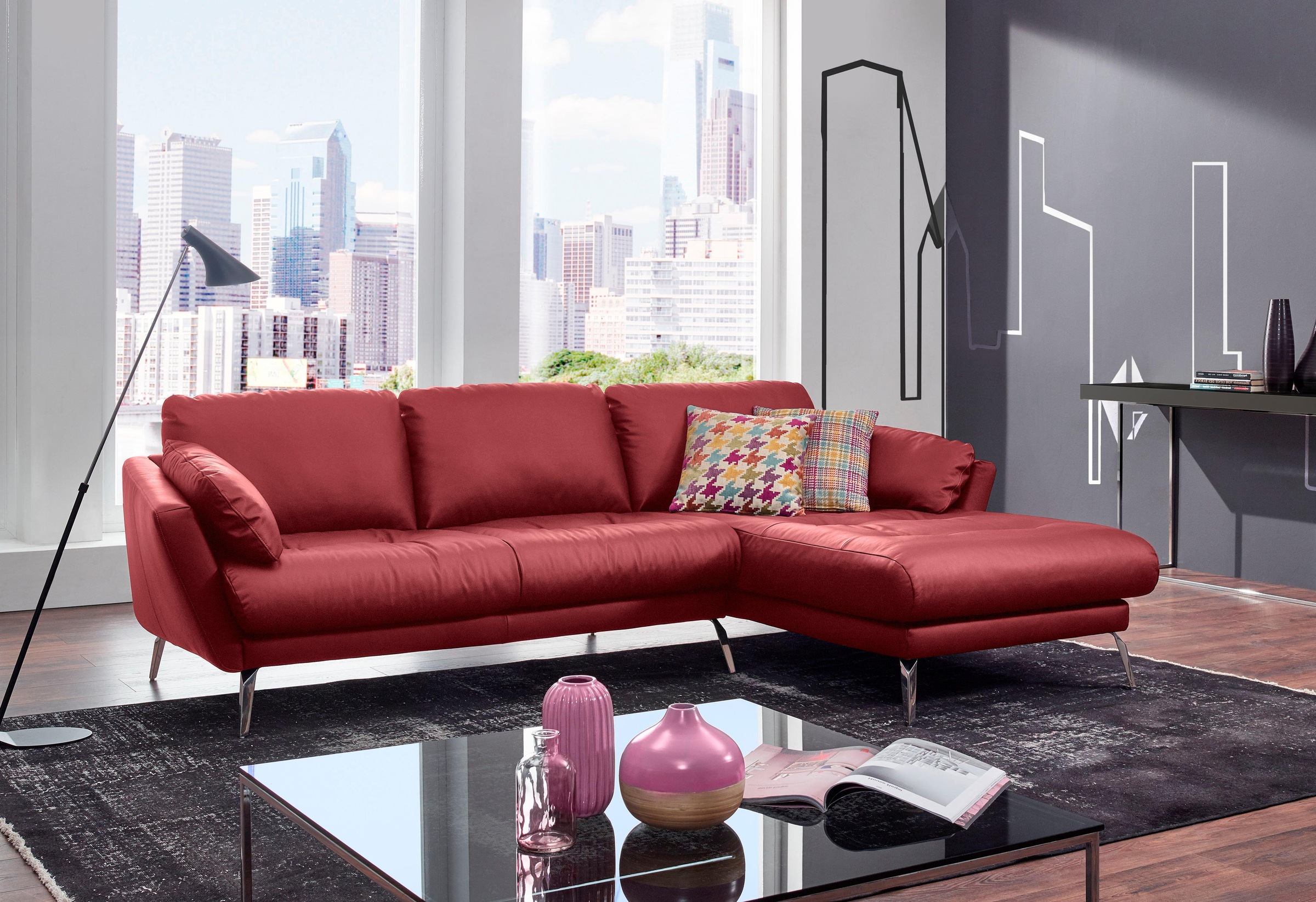 W.SCHILLIG Ecksofa »softy, Designsofa, zeitlos und elegant, hoher Sitzkomfort, L-Form«, mit dekorativer Heftung im Sitz, Füße Chrom glänzend