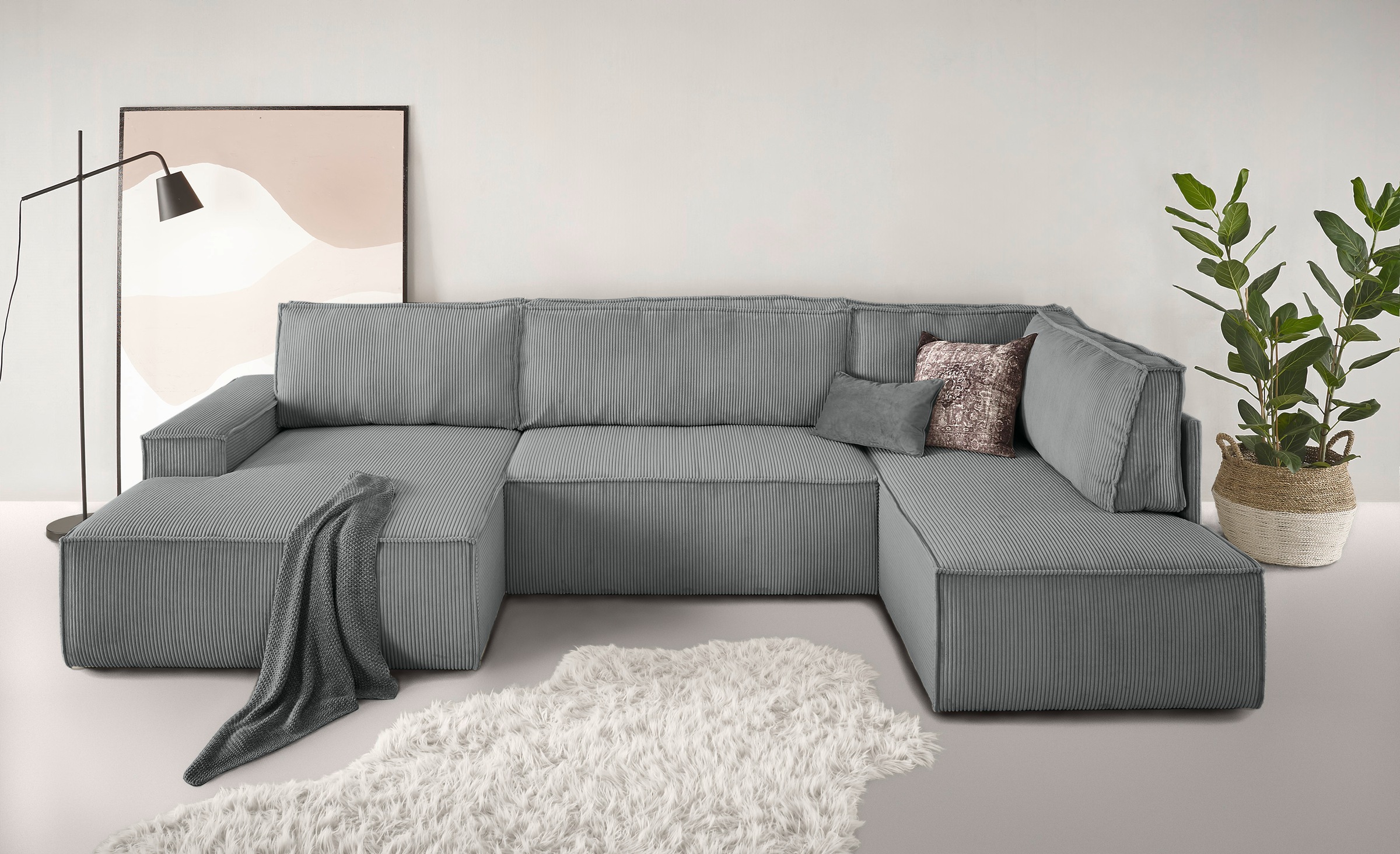 Home affaire Wohnlandschaft »SHERWOOD 329 cm, U-Form, Schlafsofa,«, Schlaffunktion m. Bettkasten (194x139 cm), Cord, Vintage, Samtvelours