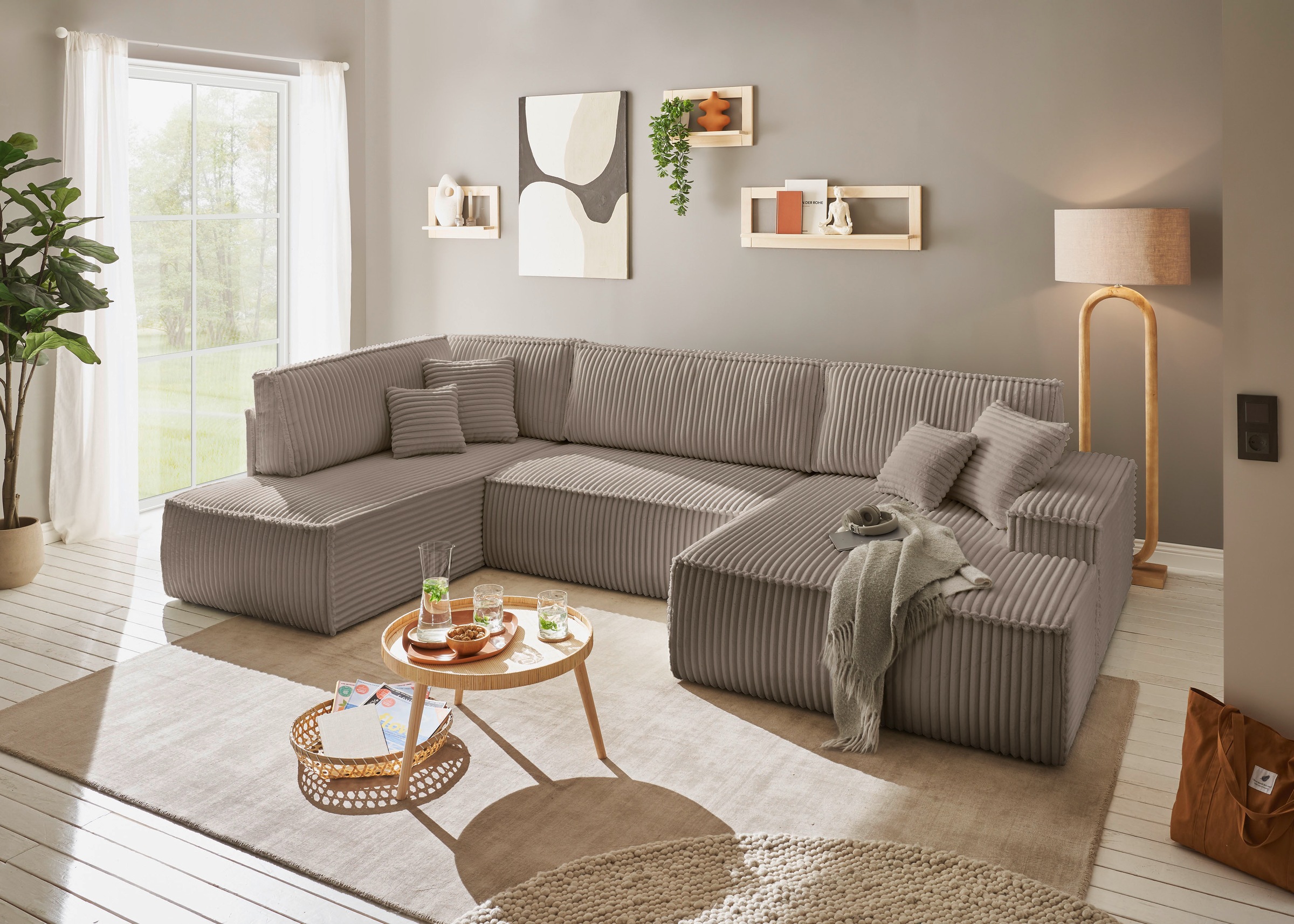 andas Wohnlandschaft »FINNLEY U-Form XXL 329 cm, Schlafsofa, Schlaffunktion m. Bettkasten«, (194/139 cm), Bouclé, Struktur und Cord