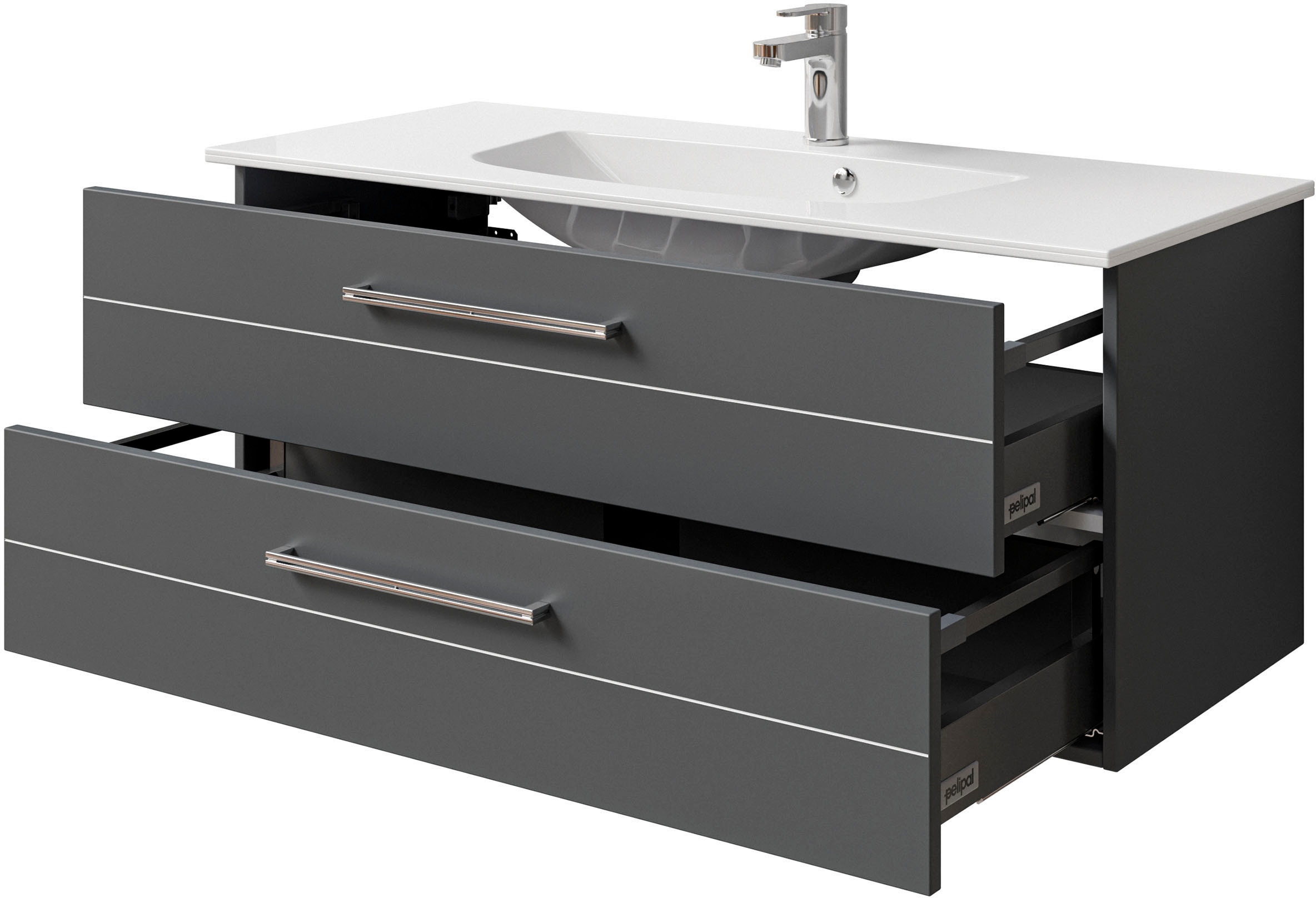 Saphir Badmöbel-Set »Serie 6025 2-teilig Mineralmarmor-Waschtisch mit LED-Spiegelschrank«, (2 St.), Waschplatz 117cm breit, 2 Schubladen, 3 Spiegel-Türen, inkl Türdämpfer
