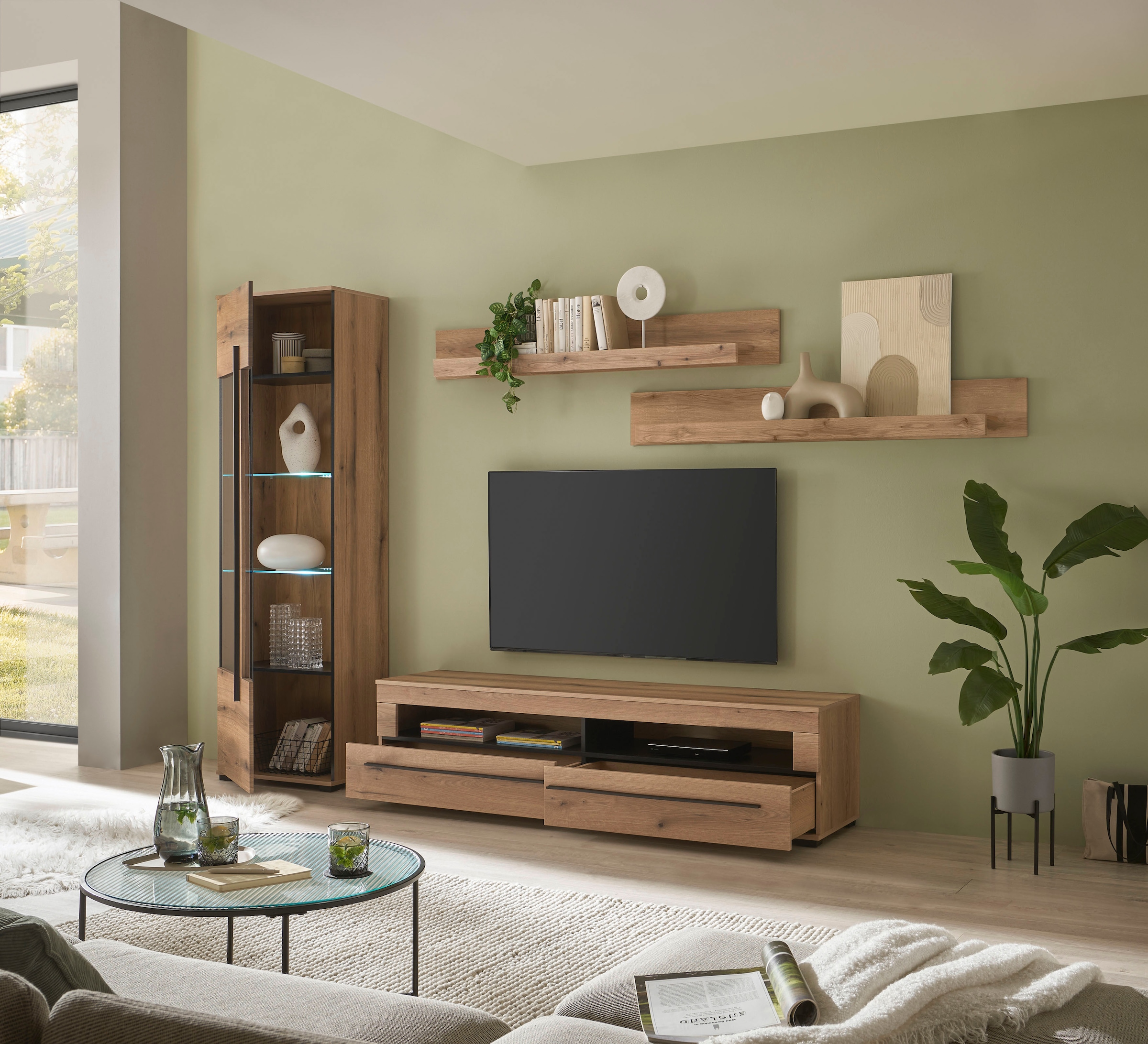 INOSIGN Wohnwand »Cantara, moderne Anbauwand, Wohnzimmer-Set, in Eiche Evoke oder Weiß«, (Set), enthält eine Vitrine, ein Lowboard und zwei Wandboards