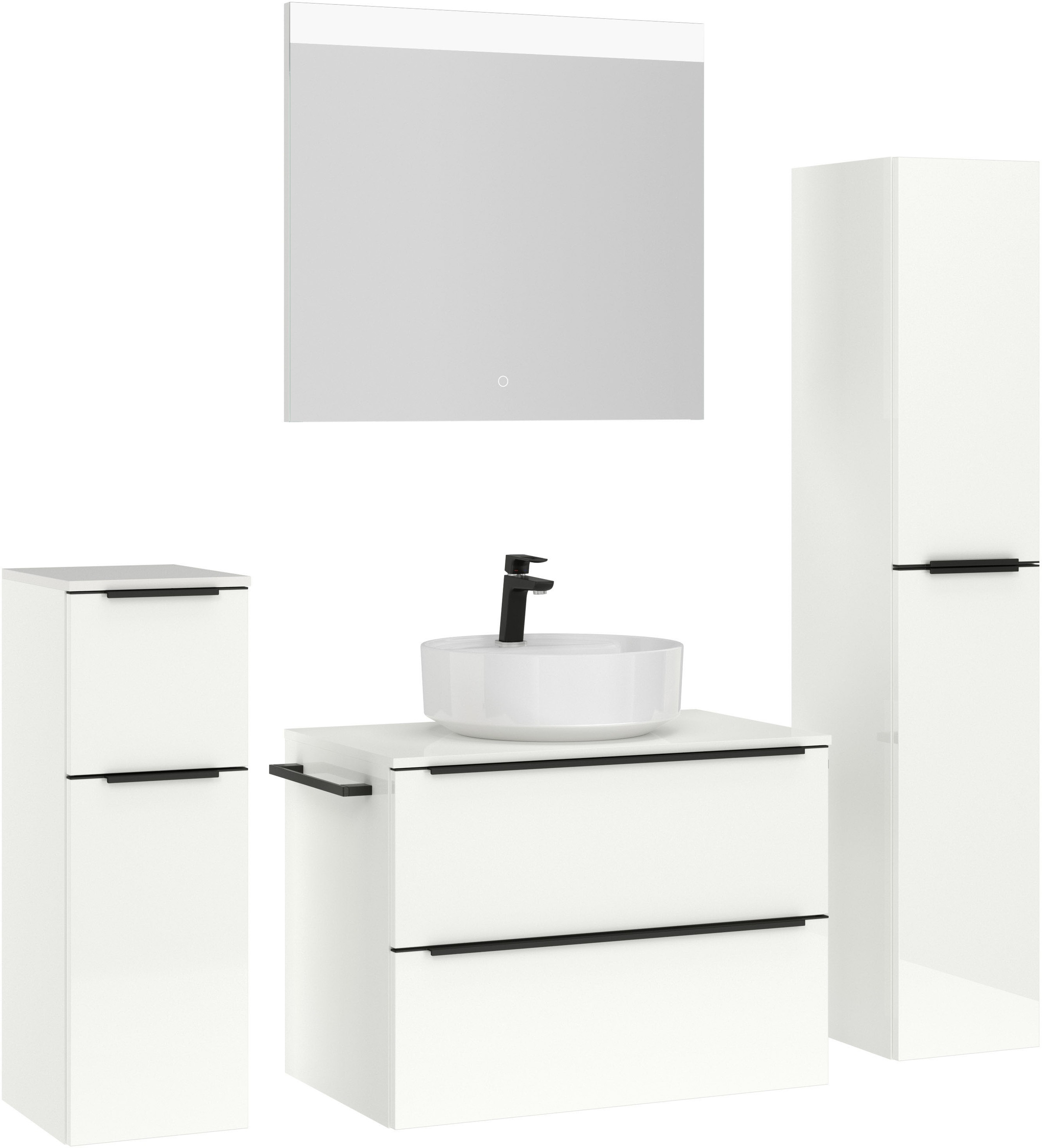 nobilia® Badmöbel-Set »Alvene«, (4 St., vormontiert, mit Soft-Close), Hochglanz, inkl. Spiegel mit Touch-Sensor, in vier Breiten