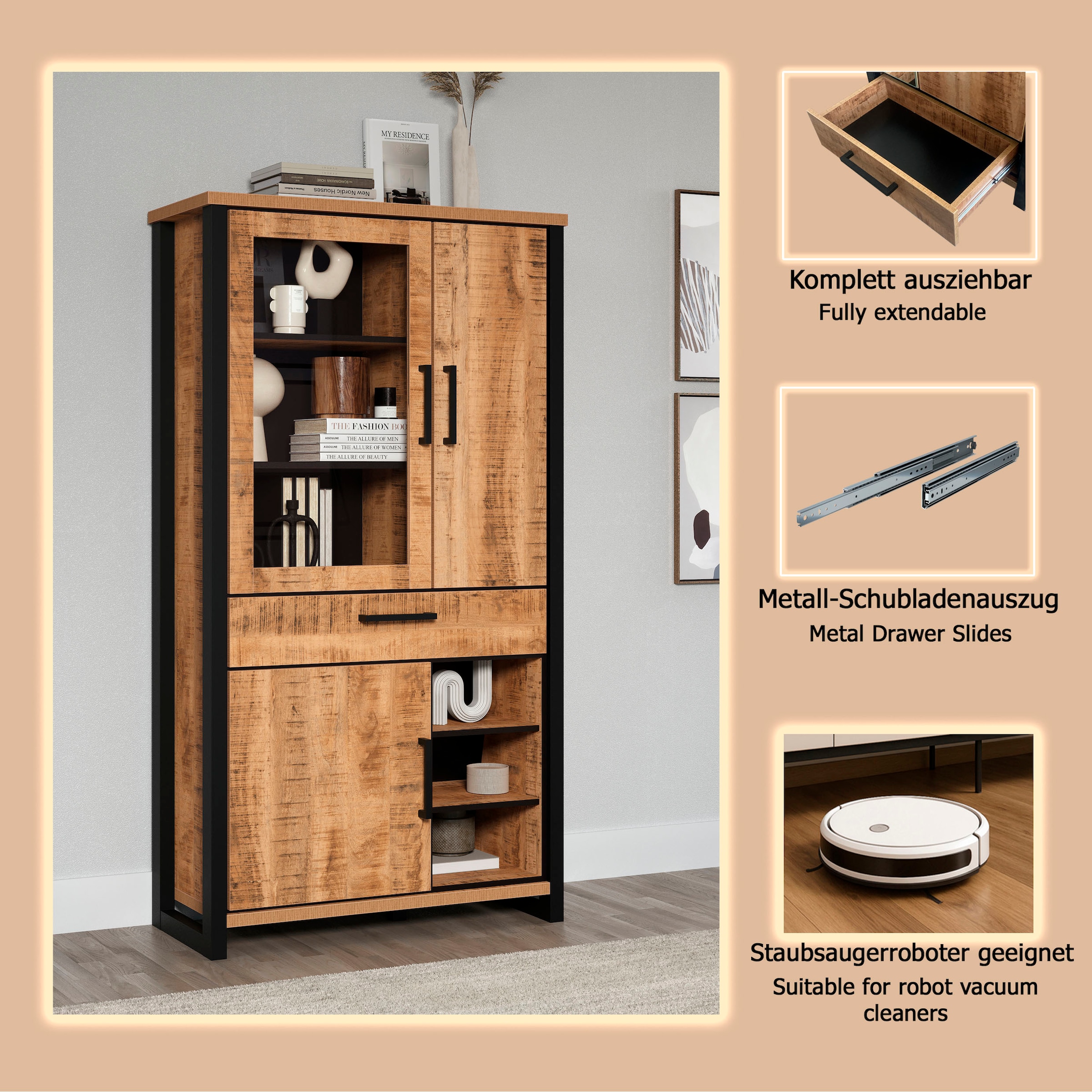 Home affaire Vitrine »Elda« 1 Stk. tlg. Vitrine mit 3 Türen & 1 Vollauszug Schublade - (B/T/H) 106/45/195 cm