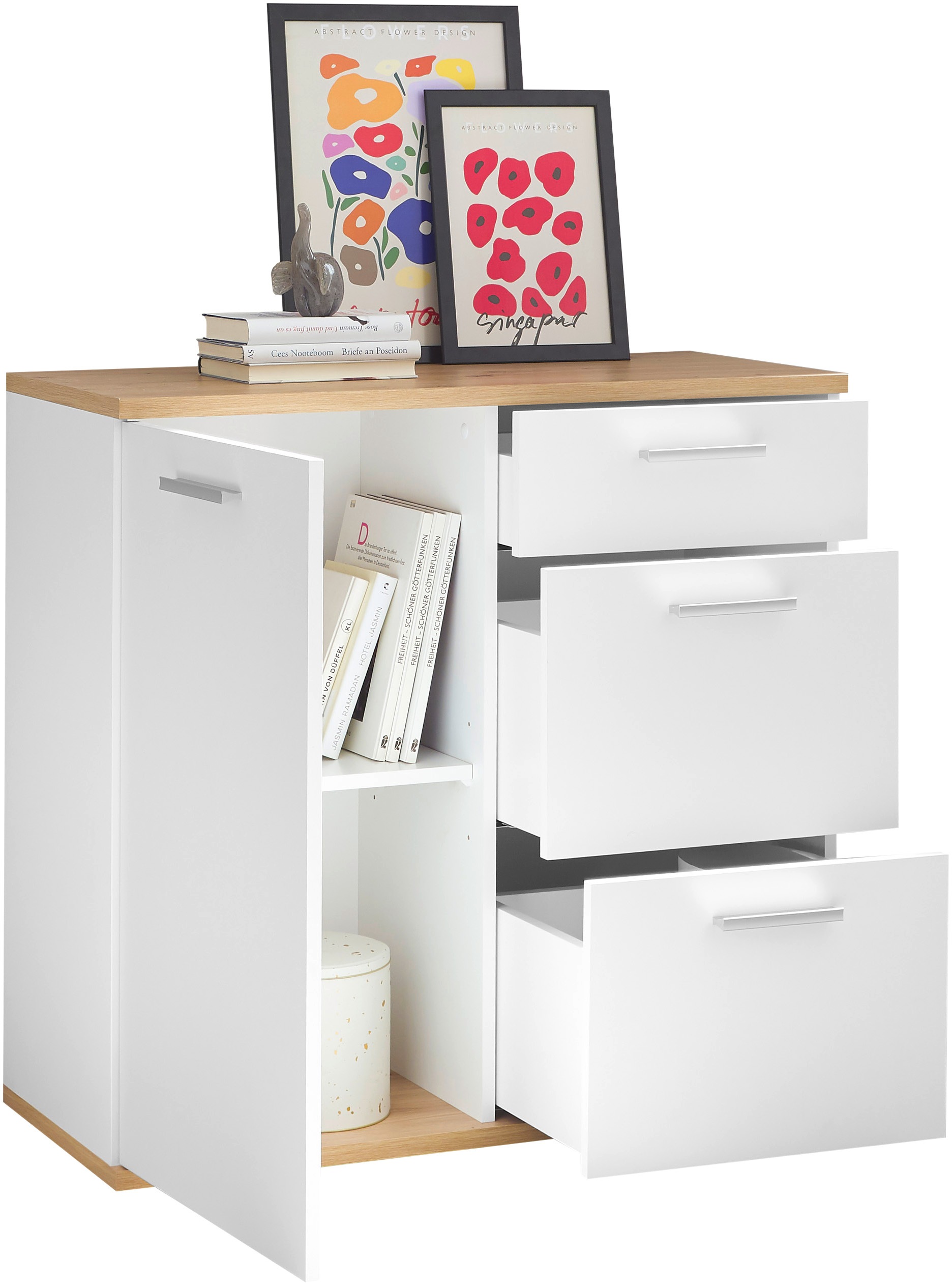 HBZ Kommode »BC1035 weiß matt, BxHxT 95x86x38 cm«, Kommode mit 1 Tür, 3 Schubkästen, 1 Einlegeboden