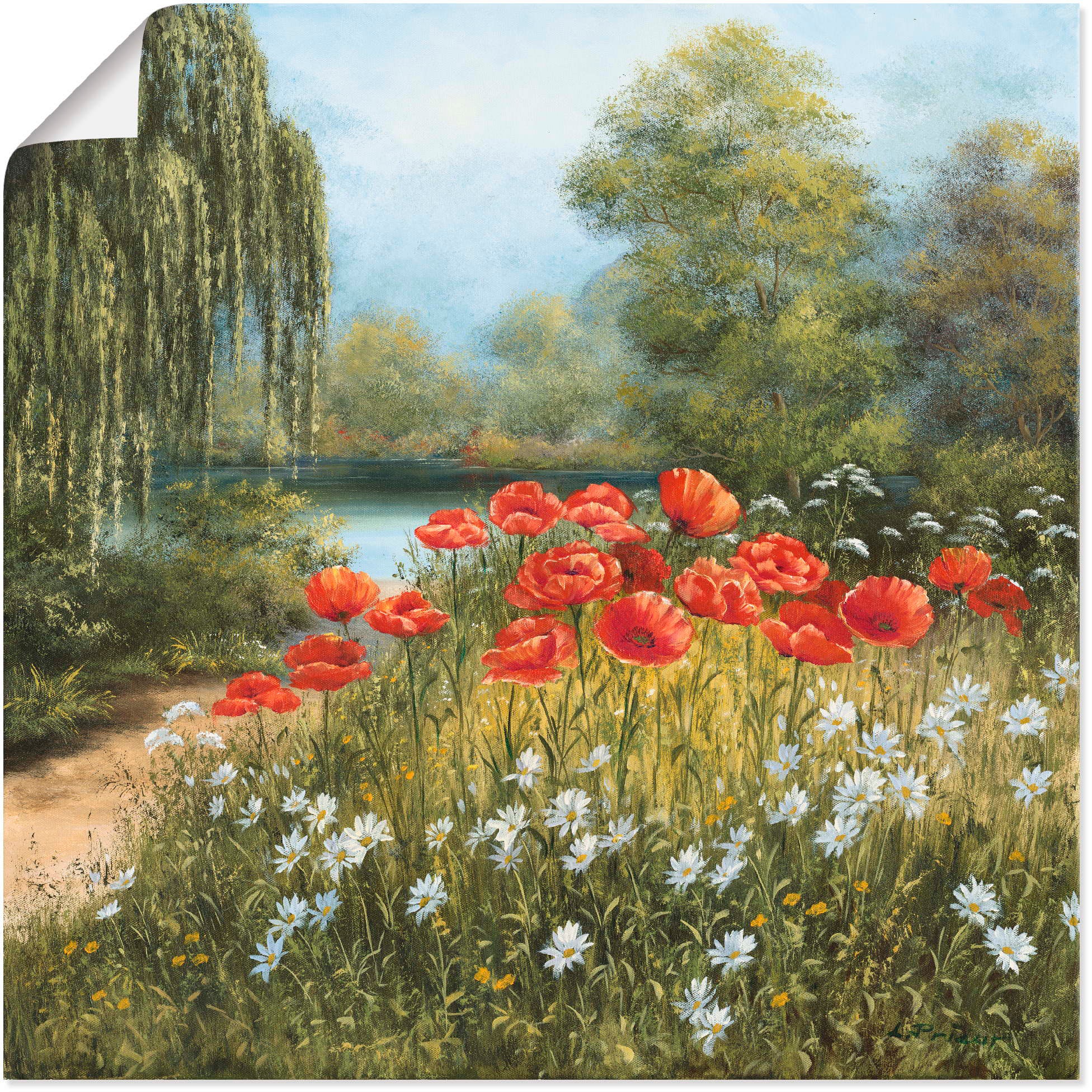 ARTLAND Wandbild »Mohnwiese am See« Blumenwiese 1 Stk. tlg. als Alubild, Outdoorbild, Leinwandbild, Poster in verschied. Größen Farbe Bild(er): grün
