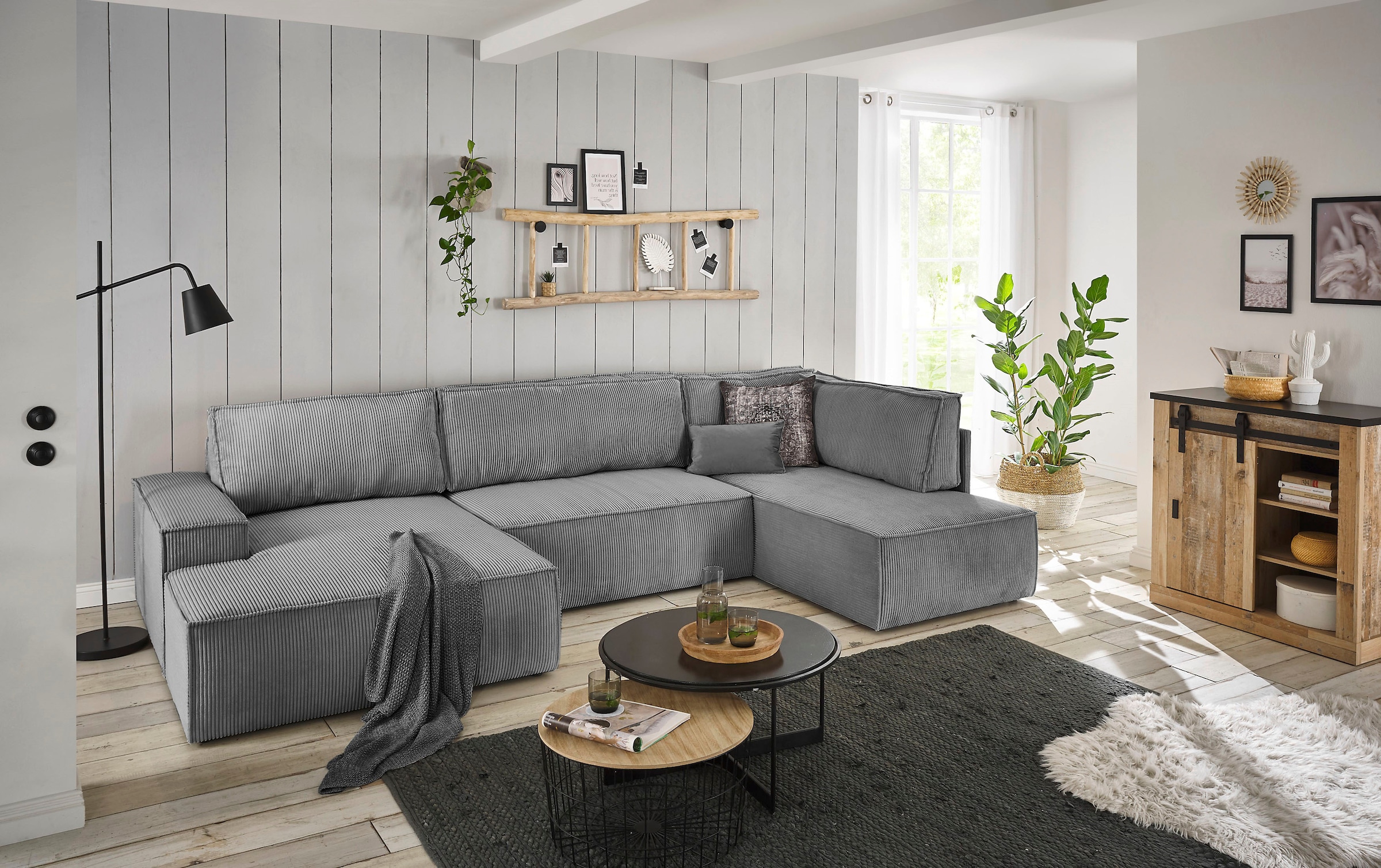Home affaire Wohnlandschaft »SHERWOOD 329 cm, U-Form, Schlafsofa,«, Schlaffunktion m. Bettkasten (194x139 cm), Cord, Vintage, Samtvelours