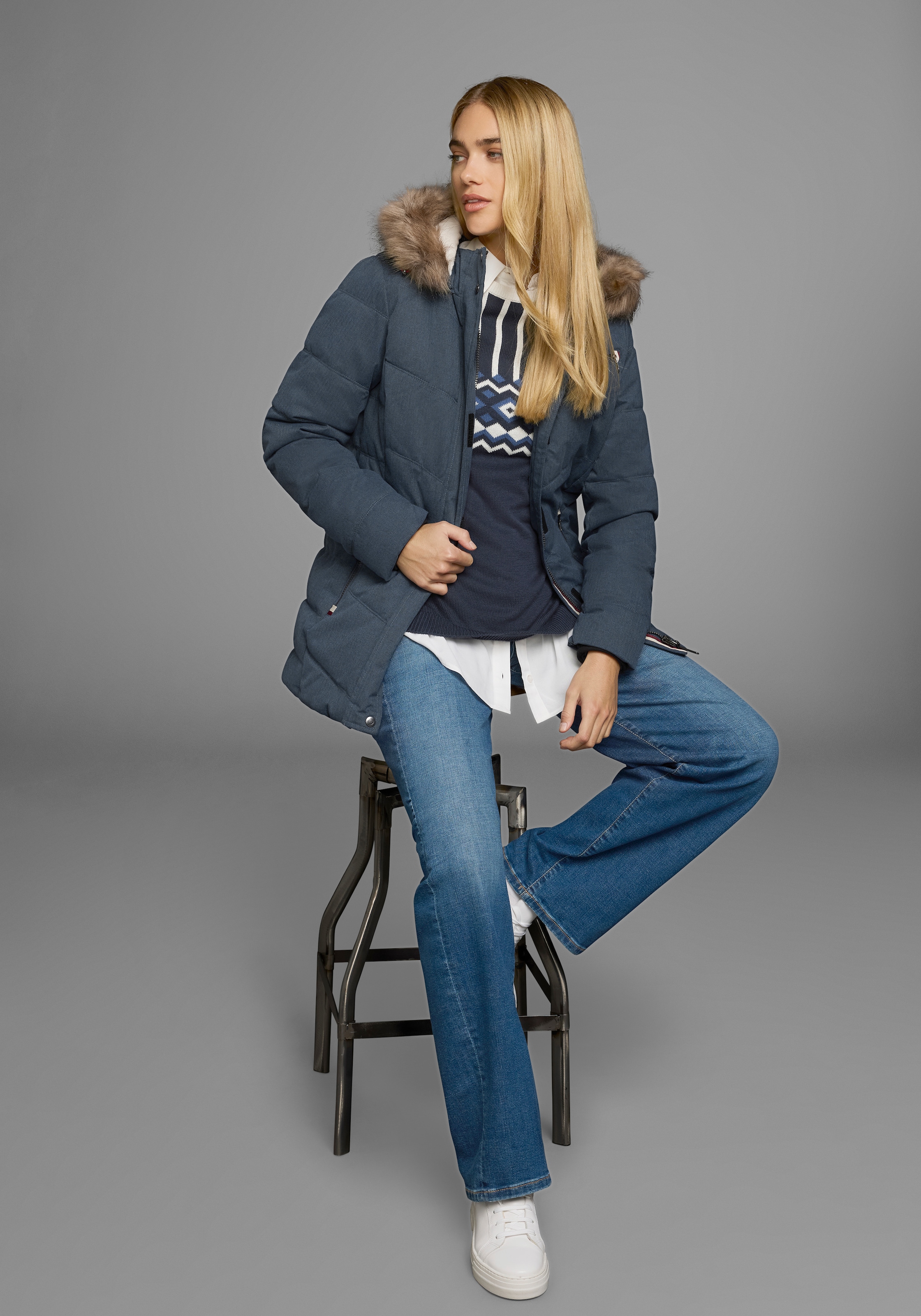 Polarino Steppjacke mit Kapuze mit abnehmbarer Kapuze,  mit Fellimitat,  viele Taschen