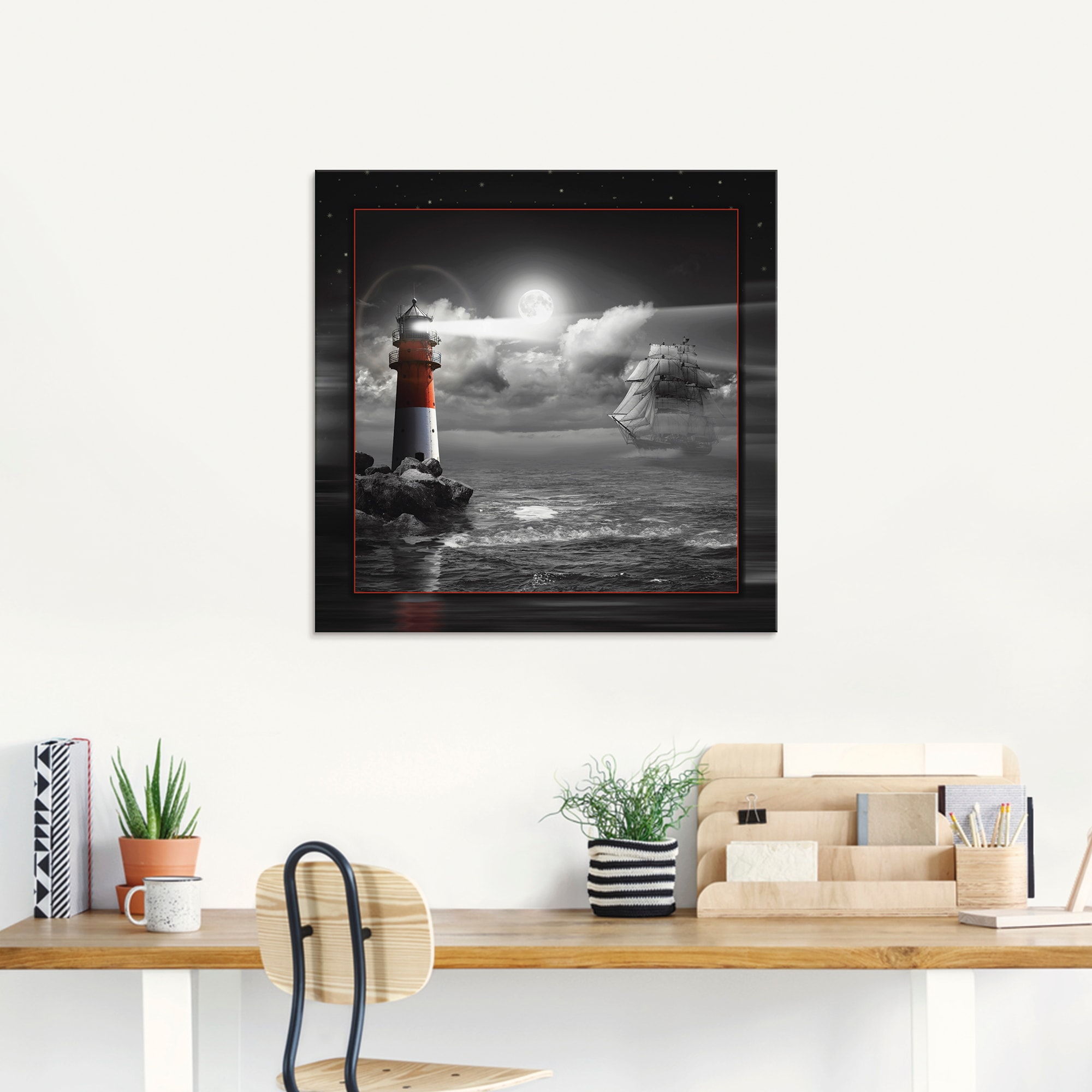 Artland Glasbild »Leuchtturm und Segelschiff im Mondschein«, Küste, (1 St.), in verschiedenen Größen