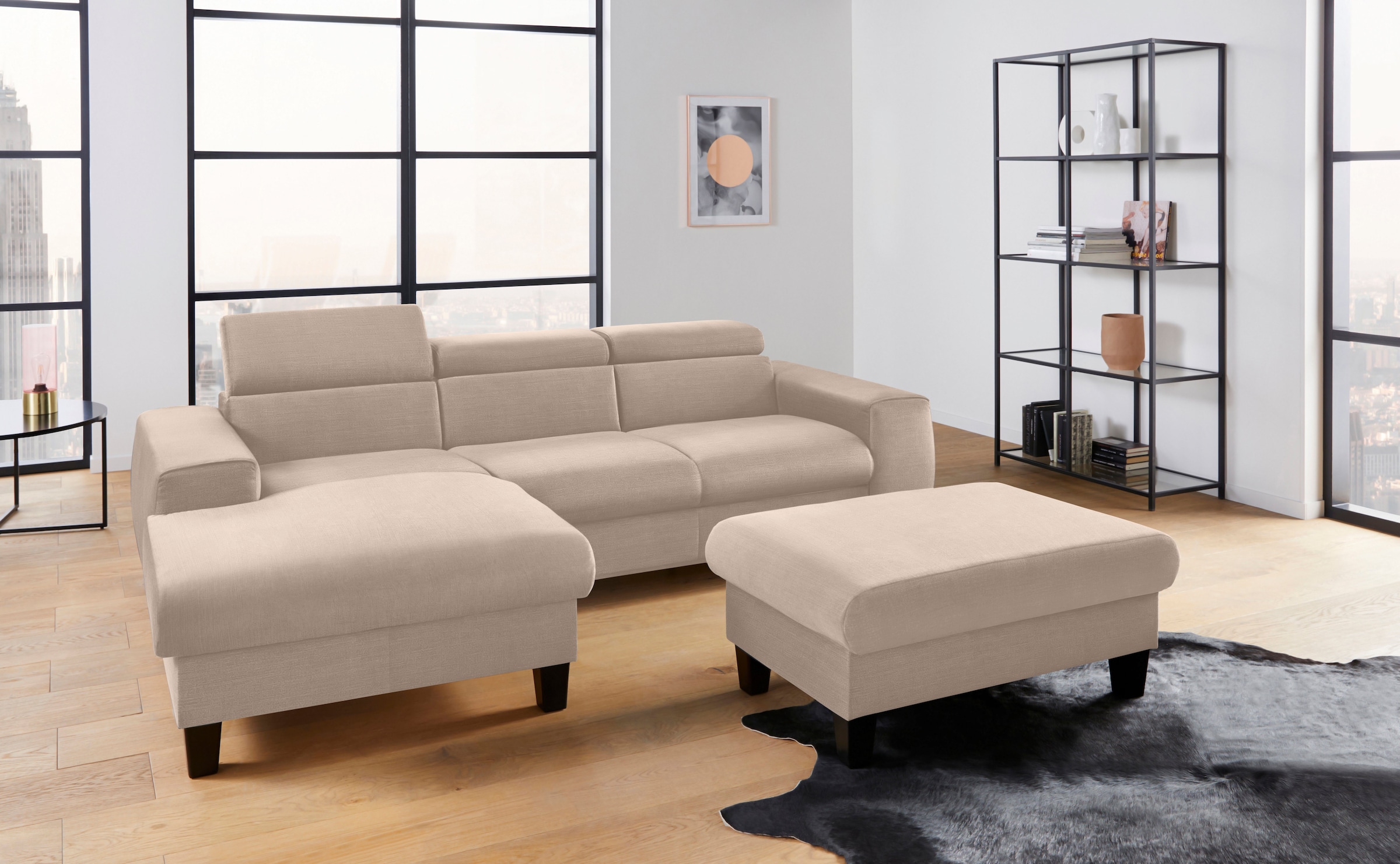 COTTA Polstergarnitur »Morven L-Form«, (Set), Set bestehend aus: Ecksofa mit Kopfteilverstellung & Hocker