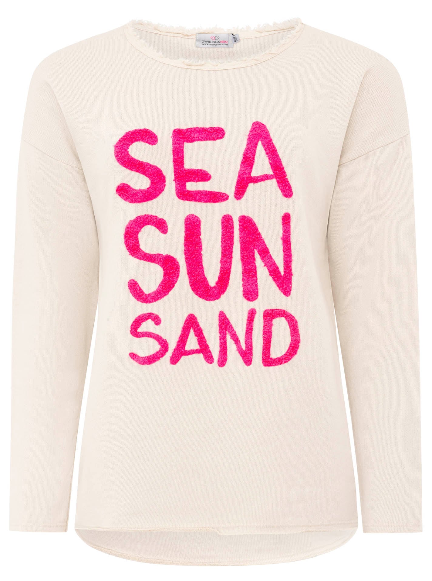 Zwillingsherz Sweater »"Sea Sand Sun"«, Flock-Print, ausgefranster Rundhalsausschnitt, Langarm