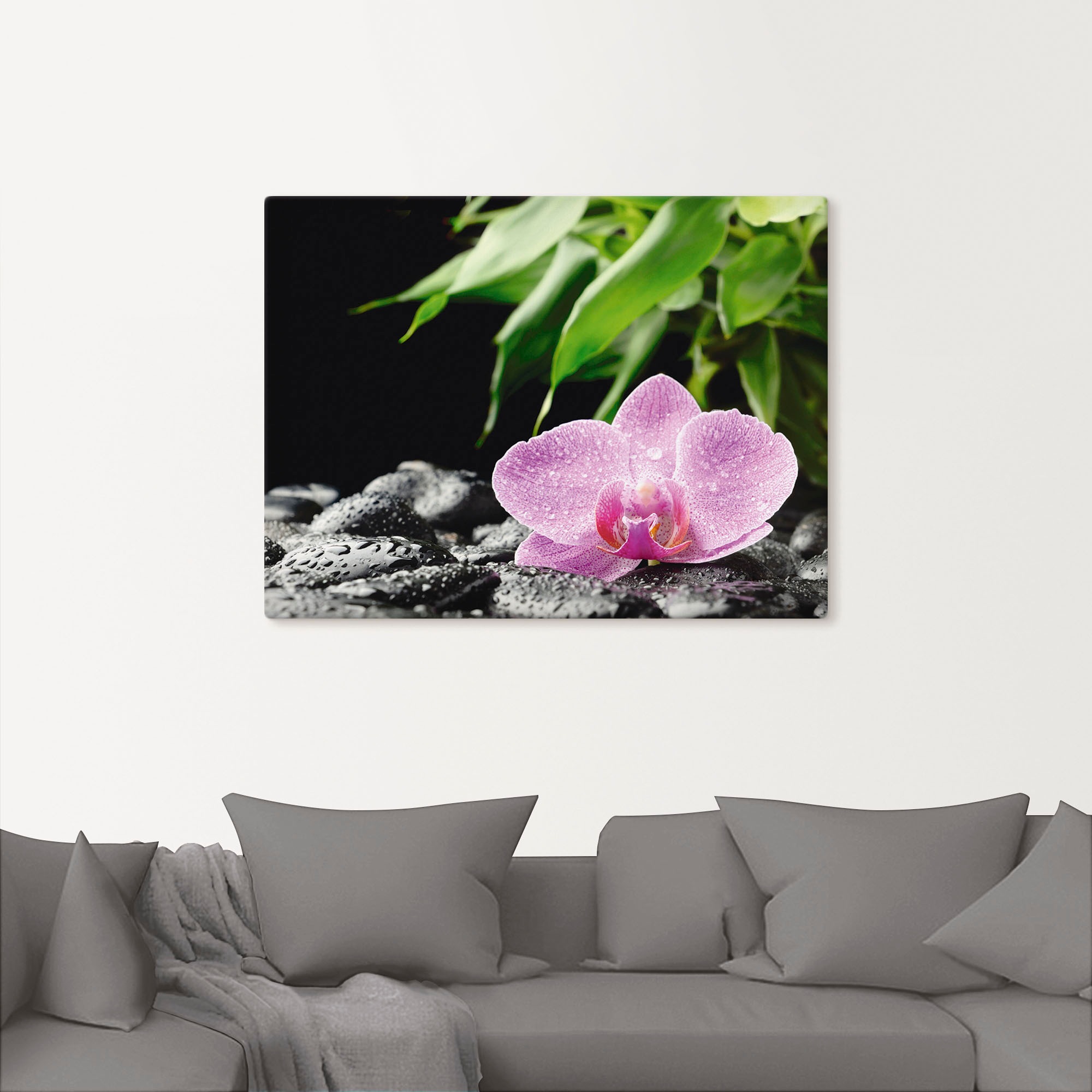 Artland Wandbild »Rosa Orchidee auf schwarzen Zen Steinen«, Blumen, (1 St.), als Leinwandbild, Poster in verschied. Größen