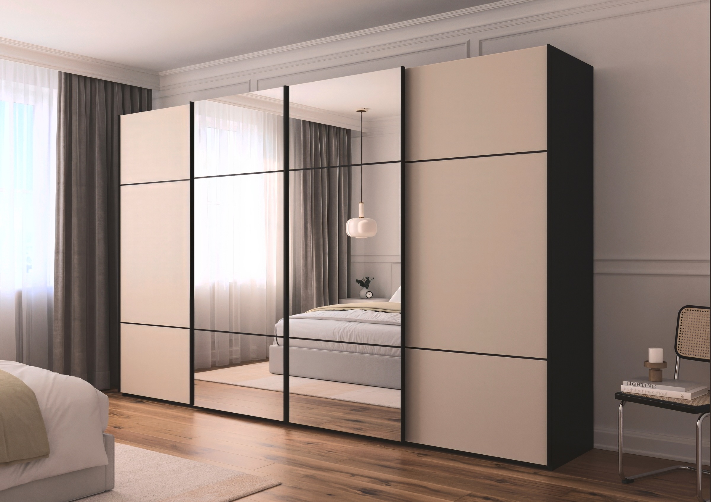 rauch Schwebetürenschrank »Kleiderschrank Schrank Garderobe Schlafzimmerschrank SCALE-TRIO«, edle dreigeteilte Front mit 2 Zierleisten Spiegel/Glas MADE IN GERMANY