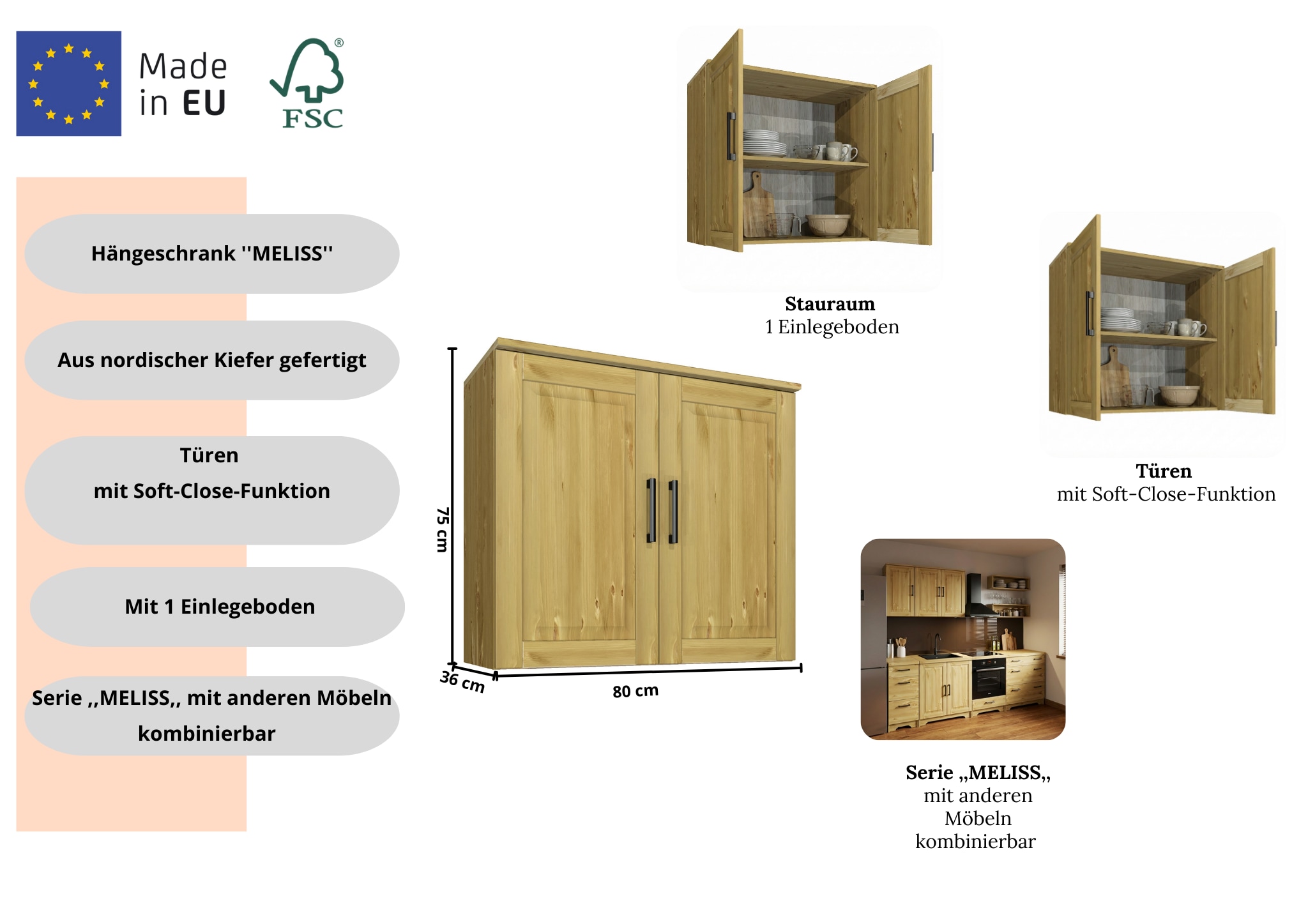 Home affaire Hängeschrank »Meliss« aus massiver Kiefer, Breite 80 cm, Soft-Colse-Funktion