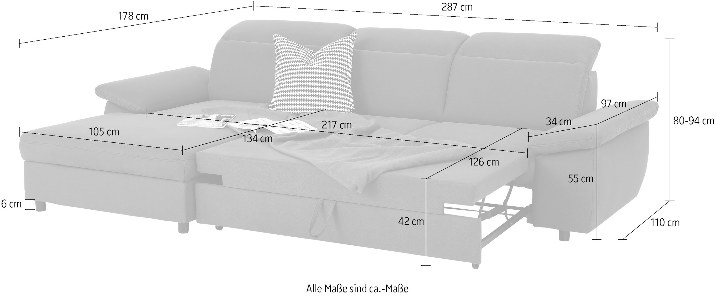 Home affaire Ecksofa »Mauritius L-Form«, mit Kopfteil- und Armlehnverstellung, mit Bettfunktion und Bettkasten