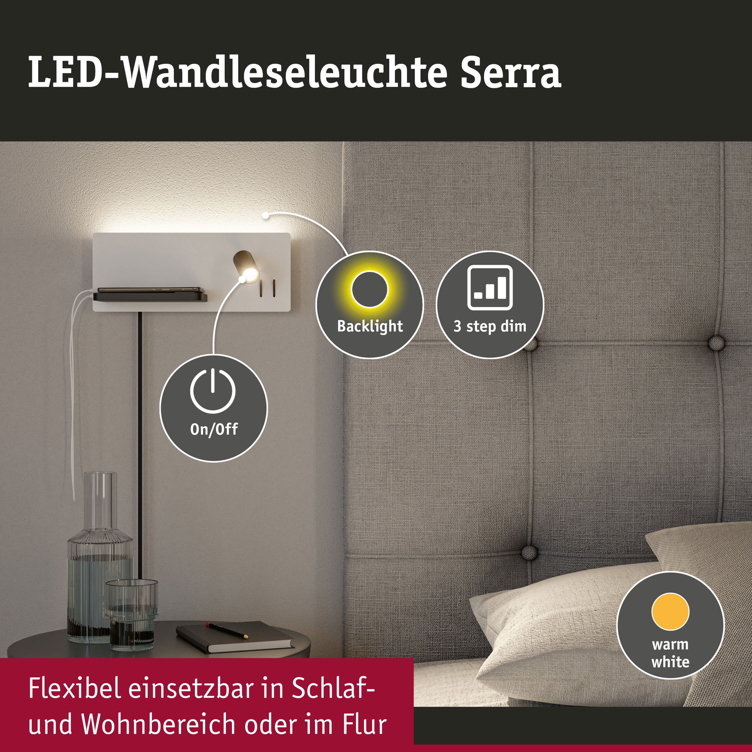 Paulmann LED Wandleuchte »Serra 2700K 650lm / 200lm 230V 5,5 / 1x2,6W« 1 Stk. Warmweiß Bettleuchte, USB C, dimmbar