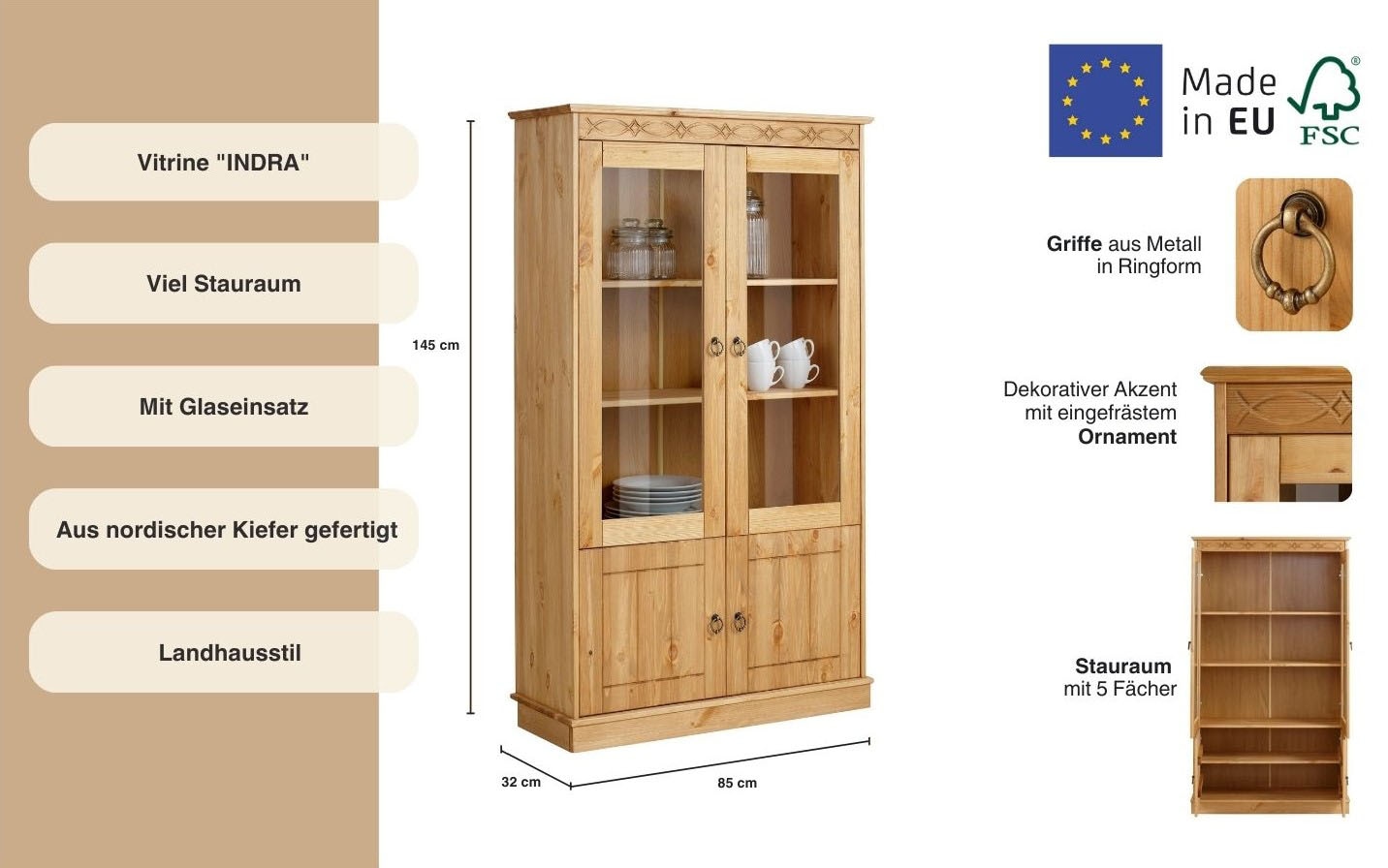 Home affaire Vitrine »Indra«, aus massiver Kiefer, FSC®, Höhe 145 cm, dezentes Ornament