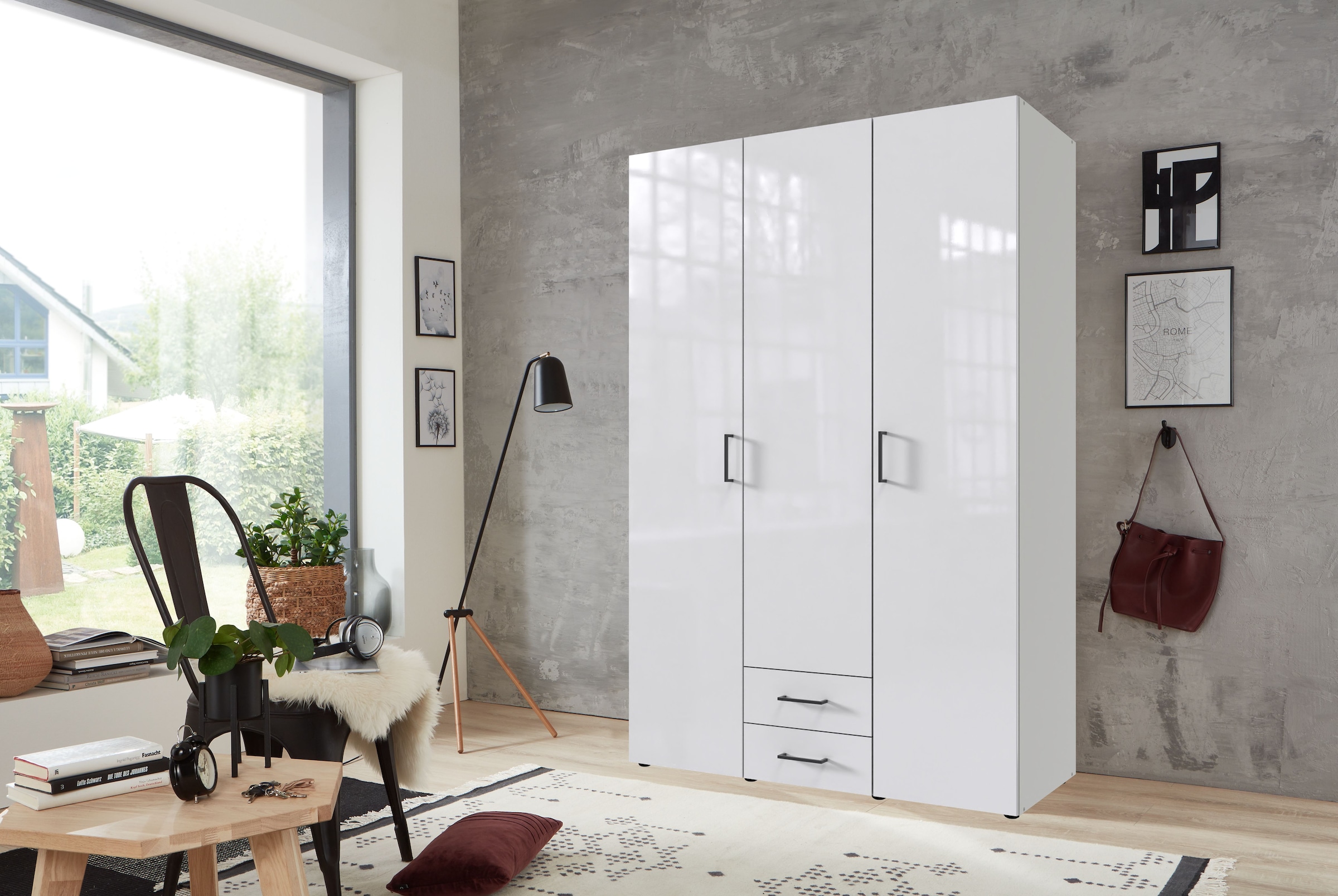 Wimex Drehtürenschrank »Mugano, 135 oder 180cm breit, 208 oder 236cm hoch, Made in Germany«, (mit langen Griffstangen aus Metall), wahlweise mit oder ohne Spiegel, mit Schubladen
