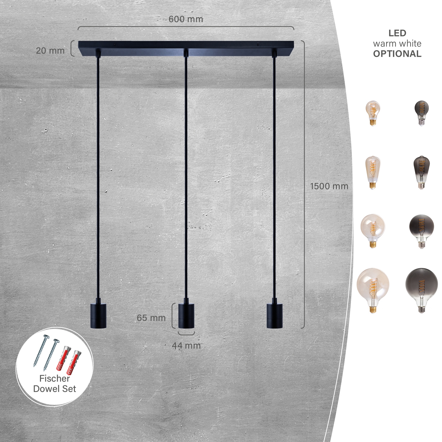 Paco Home Pendelleuchte »HUGO SQ S«, 3 flammig, Leuchtmittel E27 | ohne Leuchtmittel, Stabile Lampenaufhängung E27 1,5m Textilkabel 3 Flammig 60cm Breit