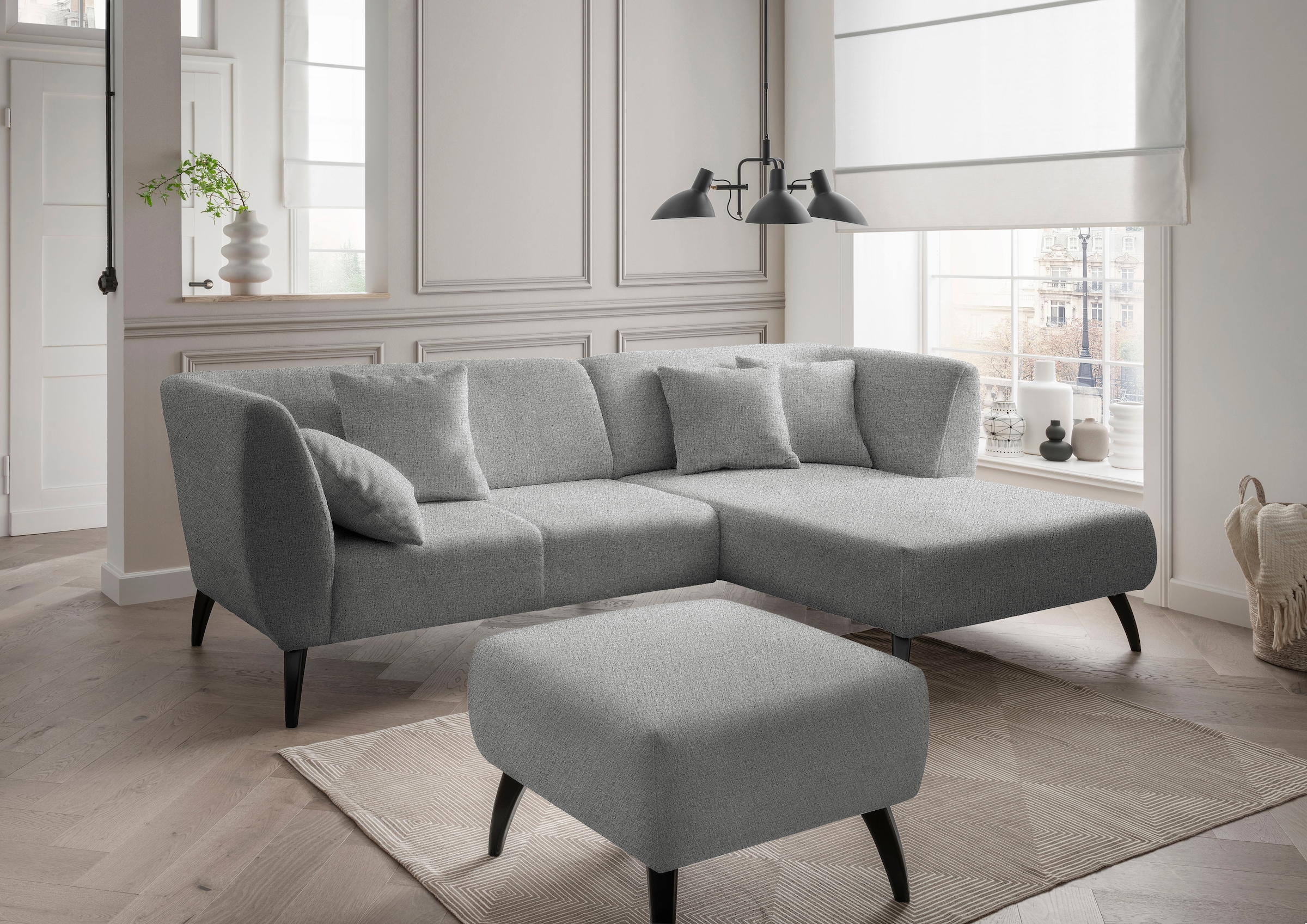 Home affaire Ecksofa »Colori Polstermöbel mit zeitlos eleganter Rückenführung. L-Form« Holzfußfarbe wählbar, inkl. 4x Zierkissen