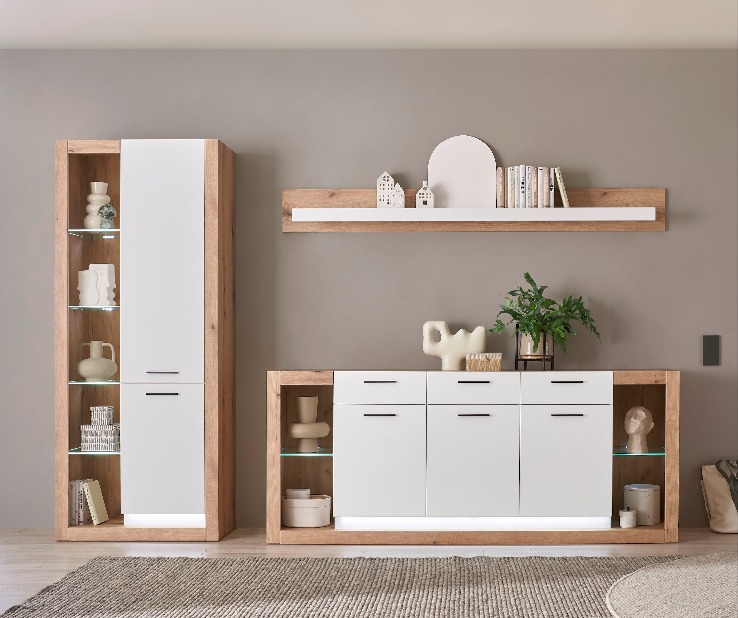 INOSIGN Wohnwand »Brixen, moderne Anbauwand, Wohnzimmer-Set, Eiche Evoke Dekor mit Weiß«, (Set, 3 St.), enthält Stauraumelement, Sideboard und Wandboard