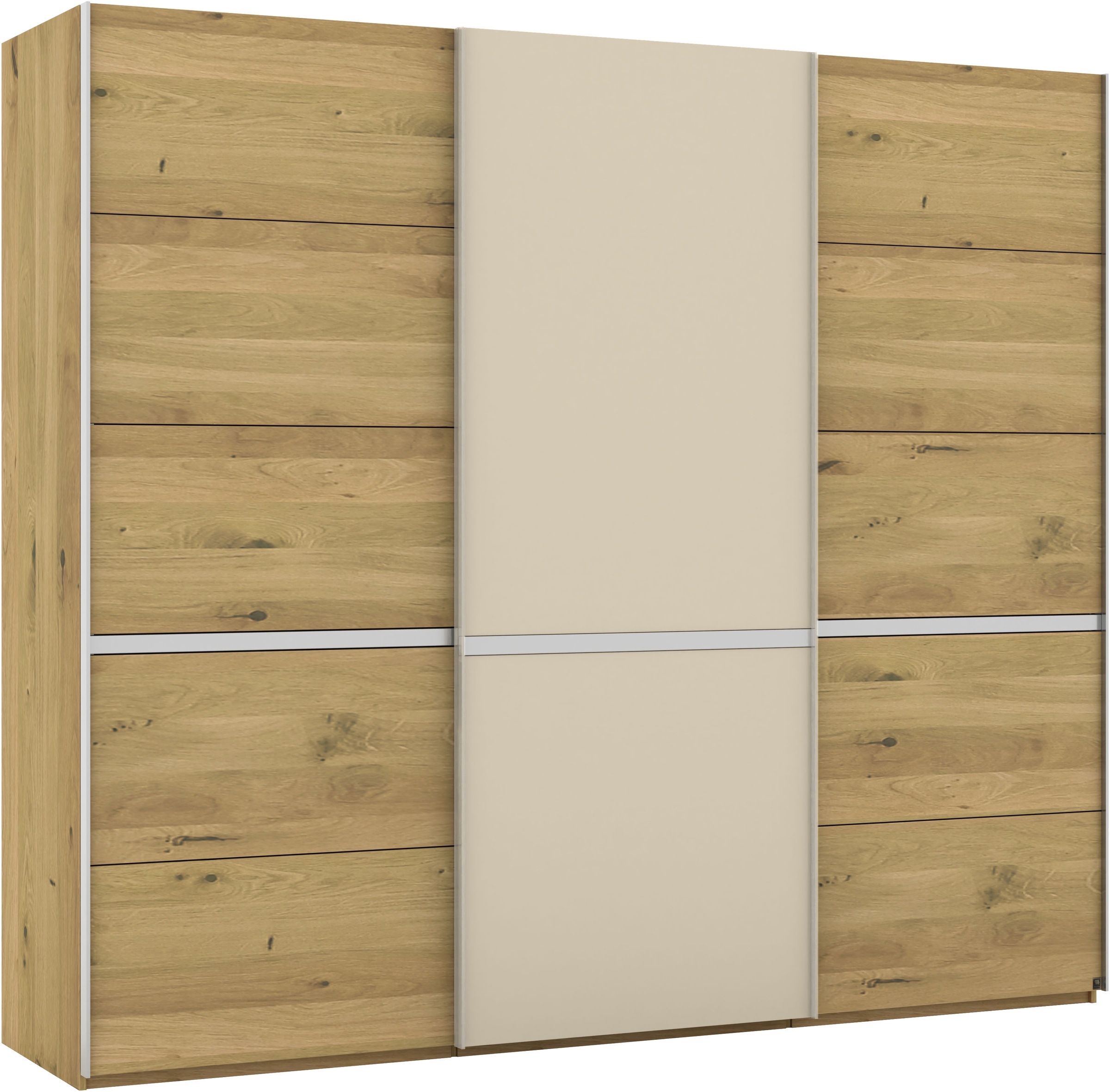 Musterring Schwebetürenschrank »Savona, Kleiderschrank, Schrank, Garderobe, mit Schiebetüren«, (Teilmassiv Bianco-Eiche, mit Spiegel oder Glas, MADE IN GERMANY), Türen Bianco-Eiche massiv, Spiegel-/Glastüren, eingelegte Chromleiste