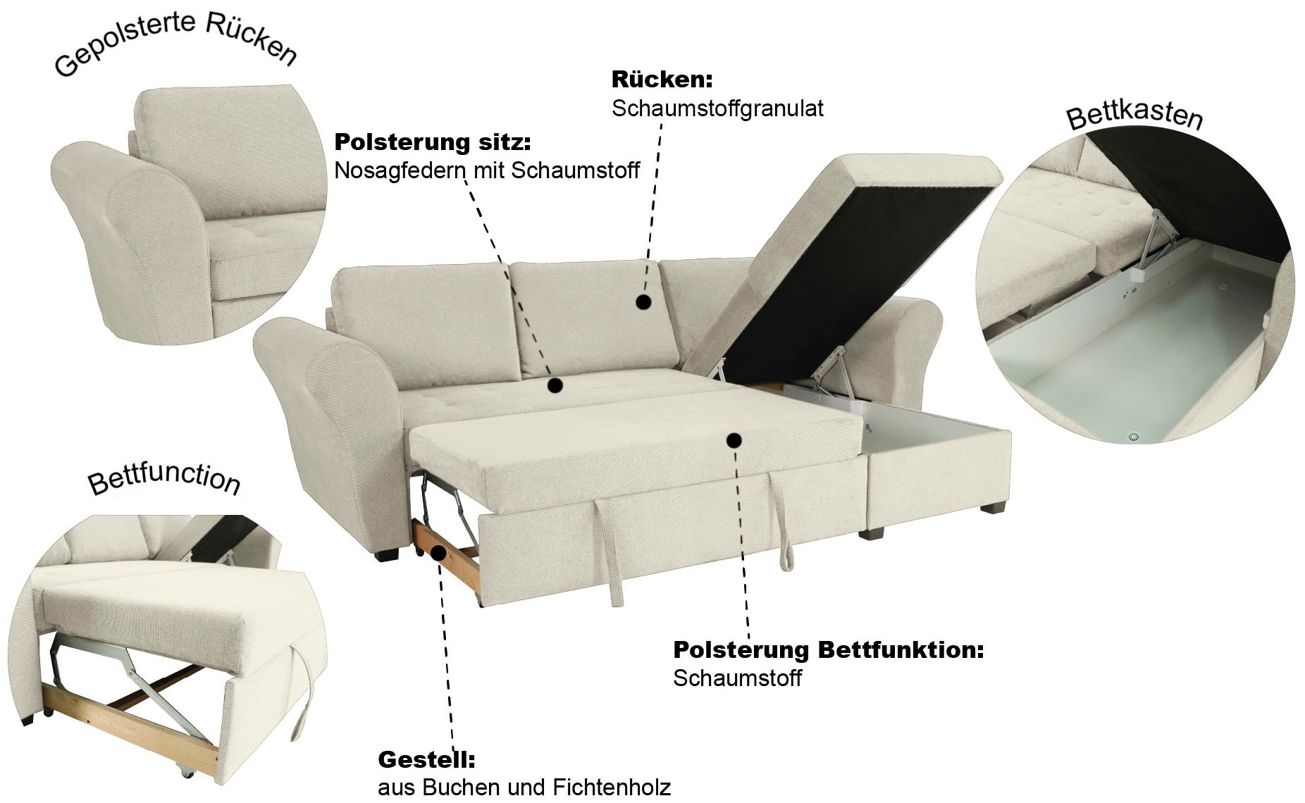 Trends by HG Ecksofa »LASSE, L-Form«, (2 St.), inkl. Schlaffunktion & Bettkasten