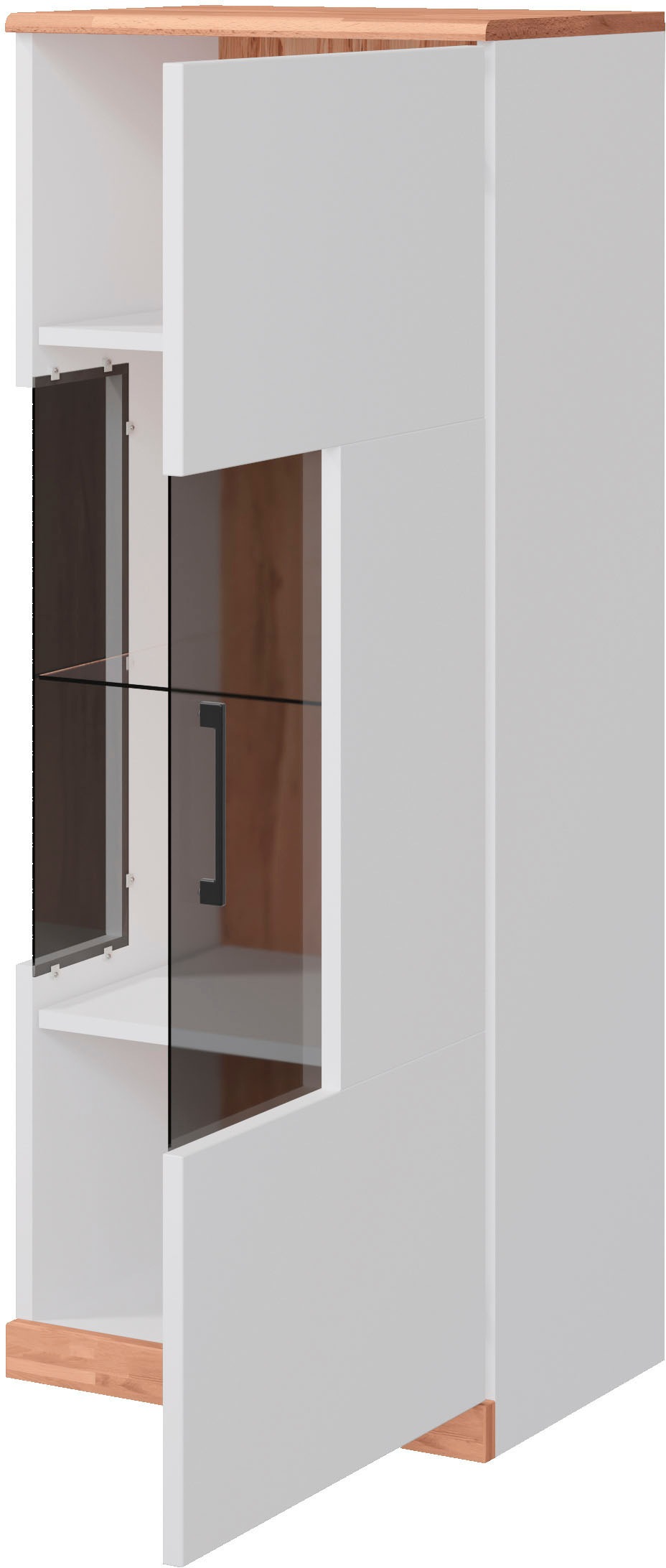 Home affaire Vitrine »Ribe,125cm hoch,4 Fächer,1Glasboden variabel einsetzbar«, Oberplatte Kernbuche massiv,dunkles Glas, schwarze Metall Griffe