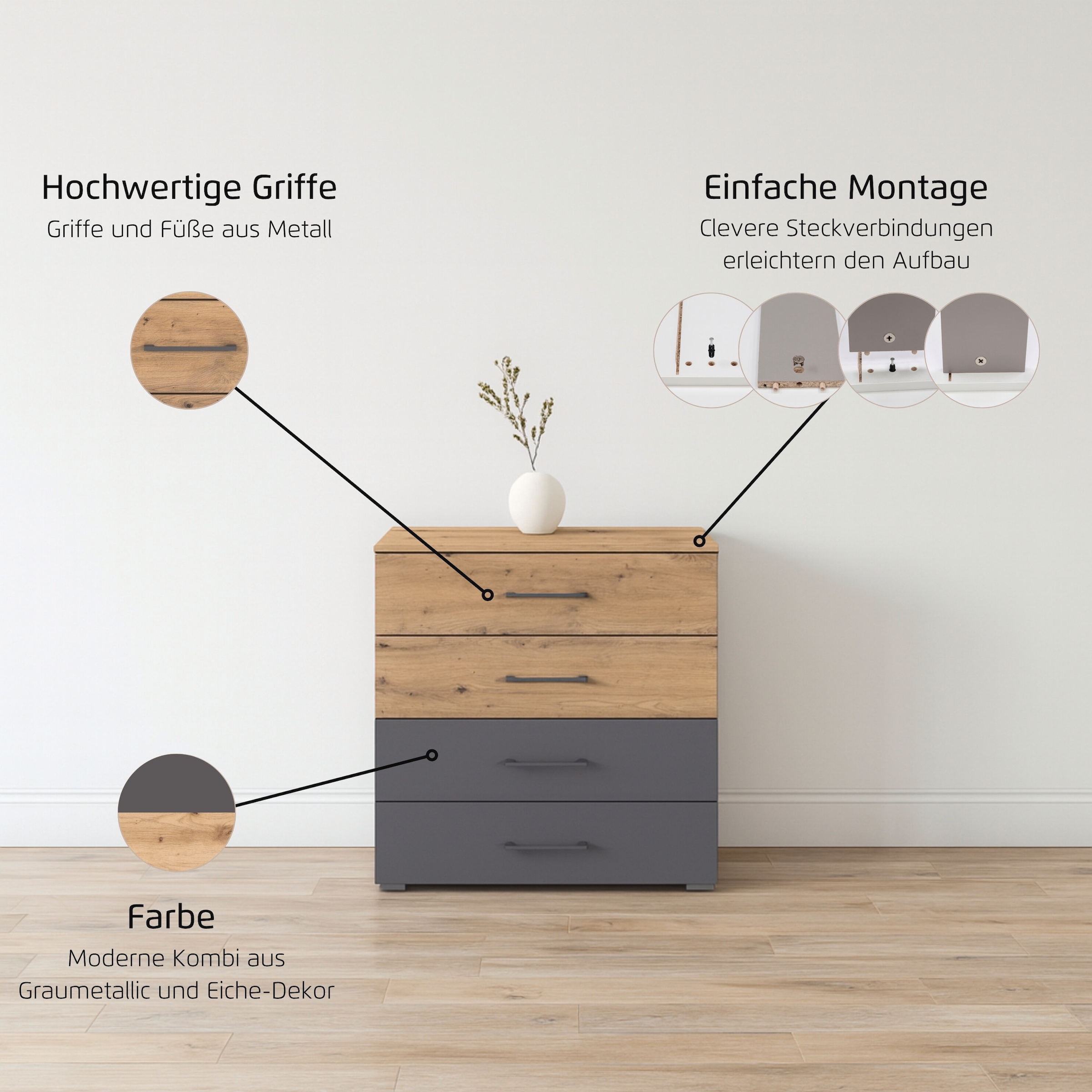 rauch Schubkastenkommode »Bilbao-Extra« Breite 80 cm, Höhe 81 cm,  mit 4 geräumigen Schubladen, zwei SK mit Absetzung MADE IN GERMANY