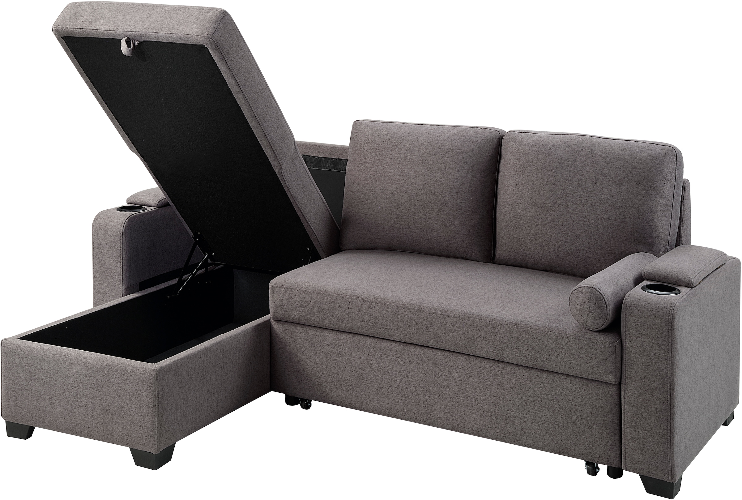 ATLANTIC home collection Ecksofa »Gorje L-Form«, mit Schlaffunktion, Stauraum, Becherhalter, Staufächer & Kissenrollen
