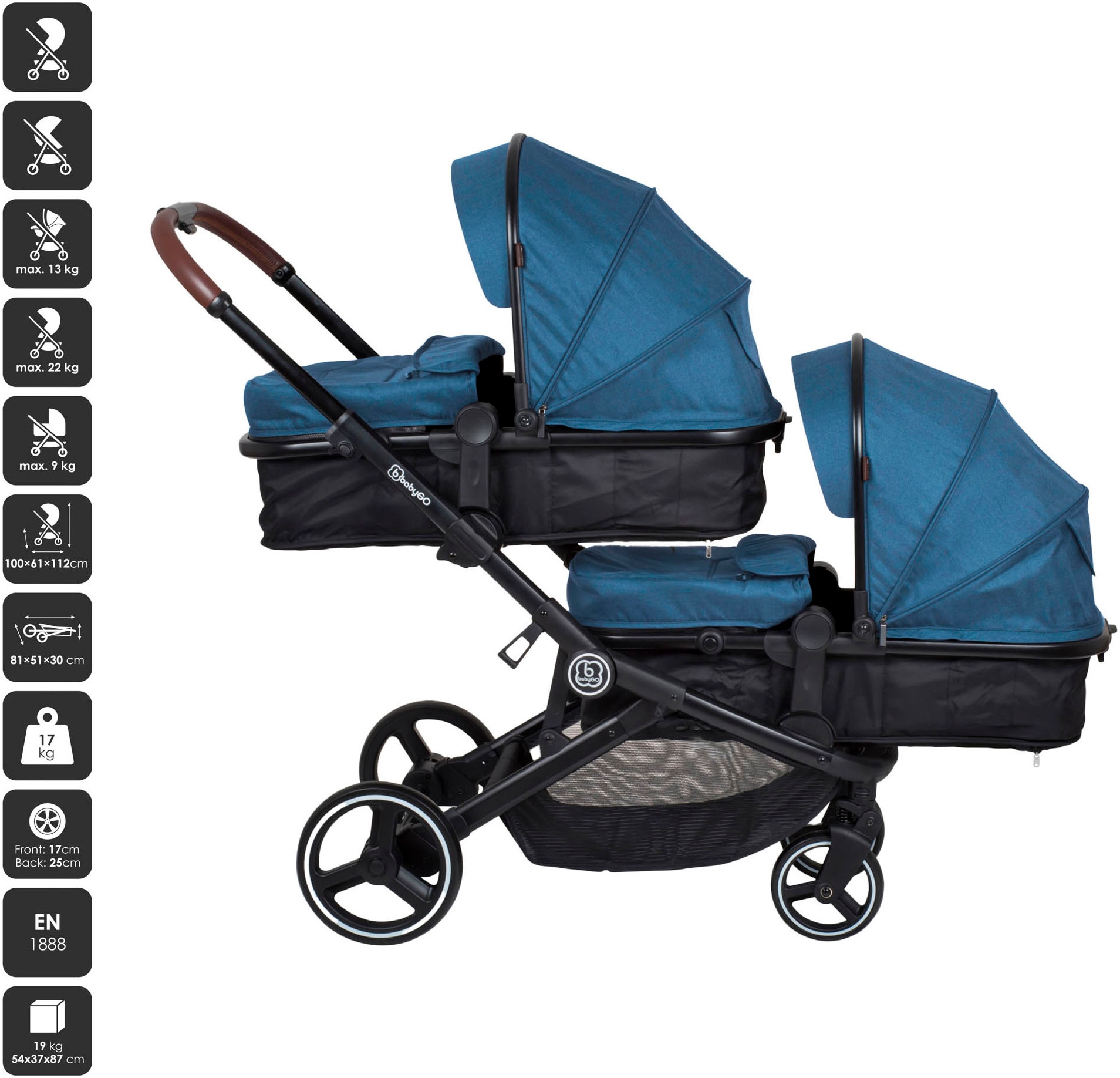 BabyGo Zwillings-Kombikinderwagen »Twinner Set, Blau melange«, 30 kg, inkl. 2 Regenhauben, Wickeltasche
