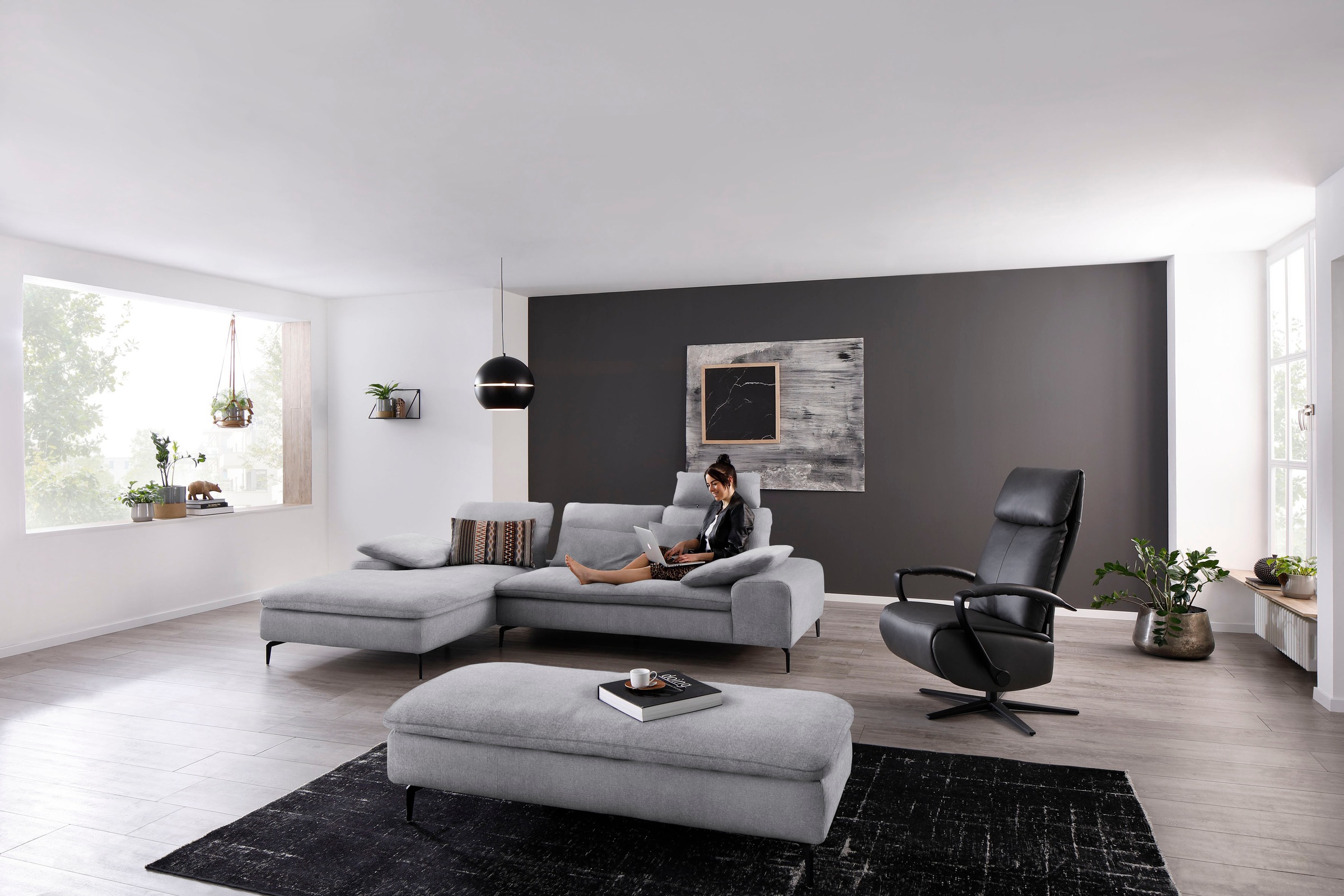 W.SCHILLIG Ecksofa »valentinoo, Designsofa, bequem, elegant und zeitlos, L-Form«, (Set), inklusive Hocker, mit Sitztiefenverstellung, Breite 299 cm