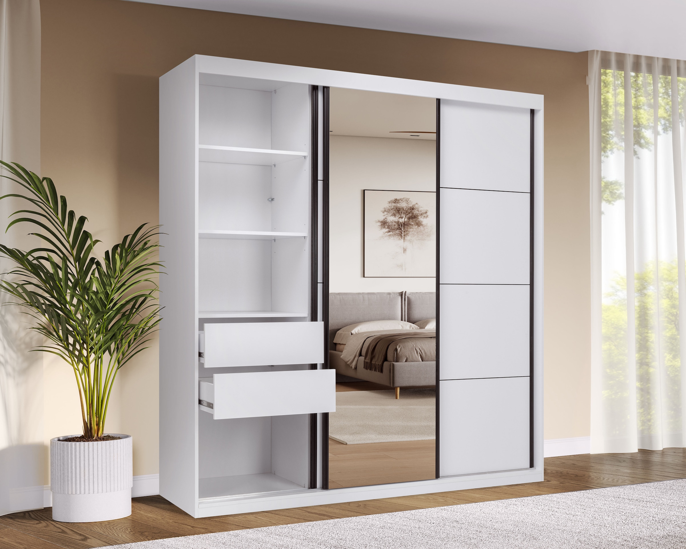 OTTO home Schwebetürenschrank »Tonara Schrank, Kleiderschrank, Schiebetürenschrank« inklusive Spiegeltür, 2 Kleiderstangen & 4 Schubkastenauszügen