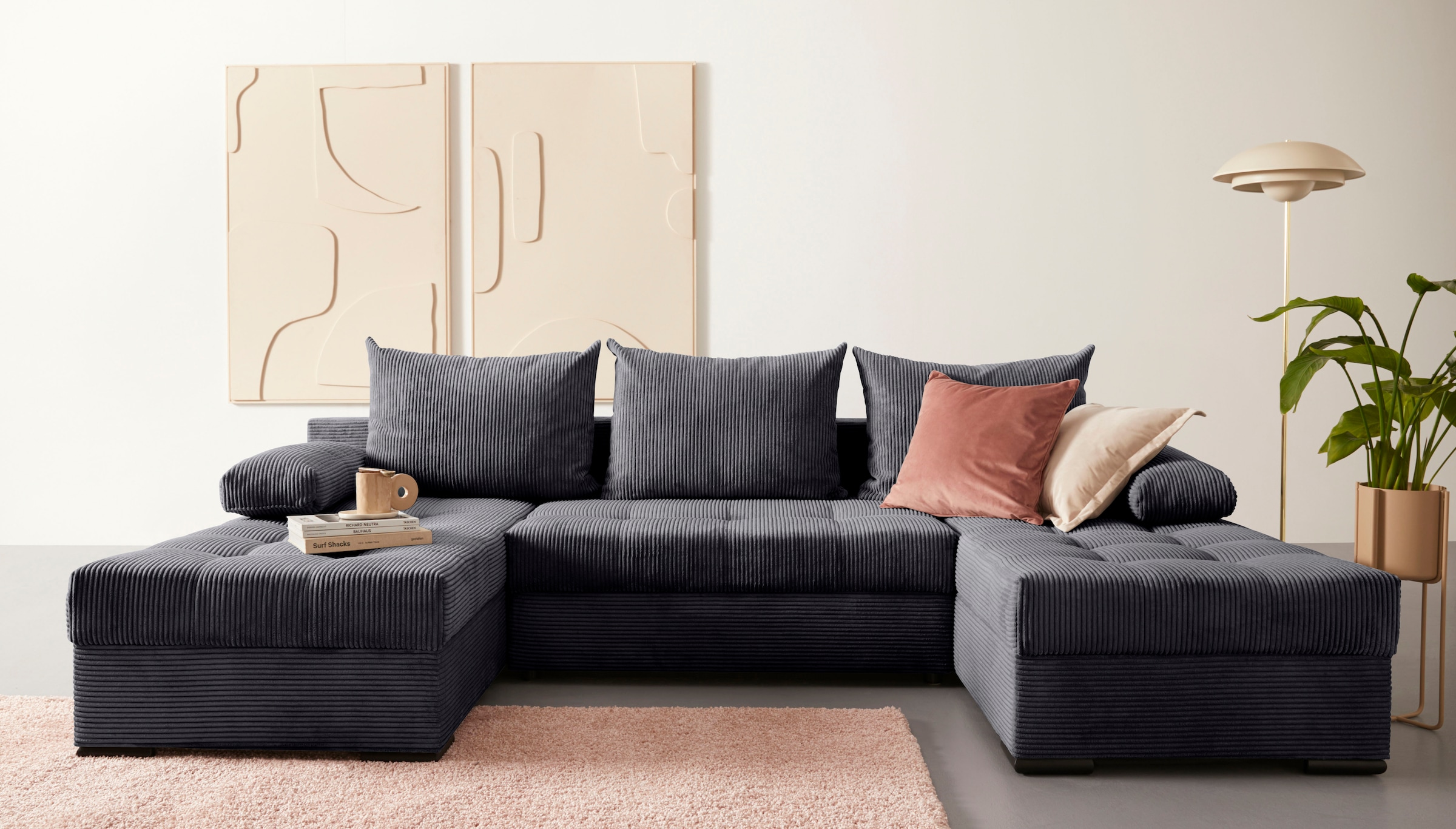 COLLECTION AB Wohnlandschaft »Josy U-Form, Breite 269 cm, Flachgewebe, Struktur, Cord & Cord/Mix«, (Cord-/Mix), inkl. Bettfunktion, Bettkasten, mit 3 gleich großen Rückenkissen